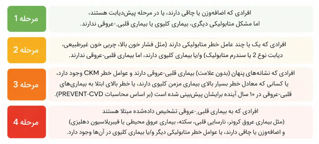 نمودار رنگی مراحل چهارگانه خطر بیماری‌های قلبی-عروقی و عوامل مرتبط با آن