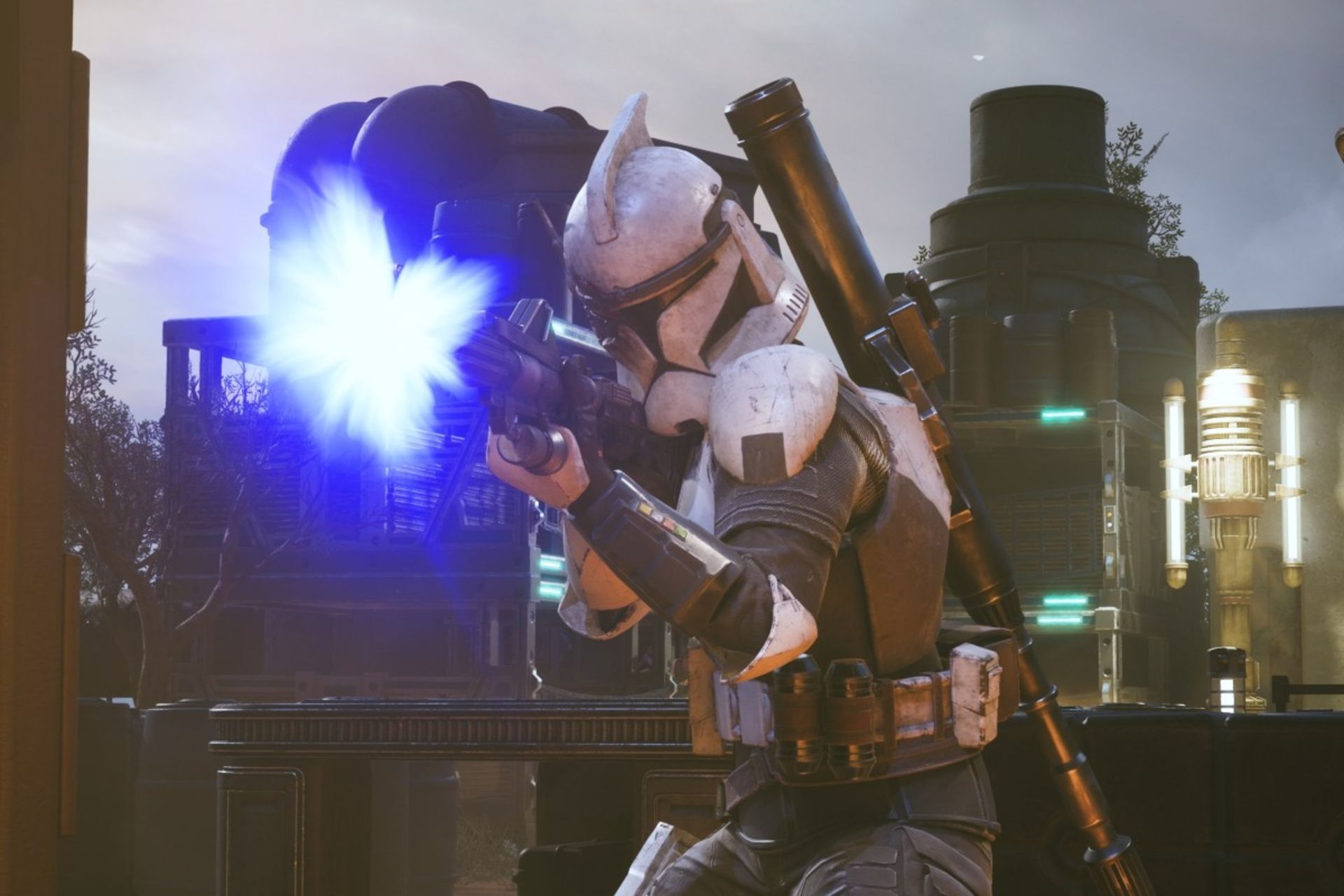 یک سرباز رباتیک در بازی استار وارز در حال شلیک با اسلحه