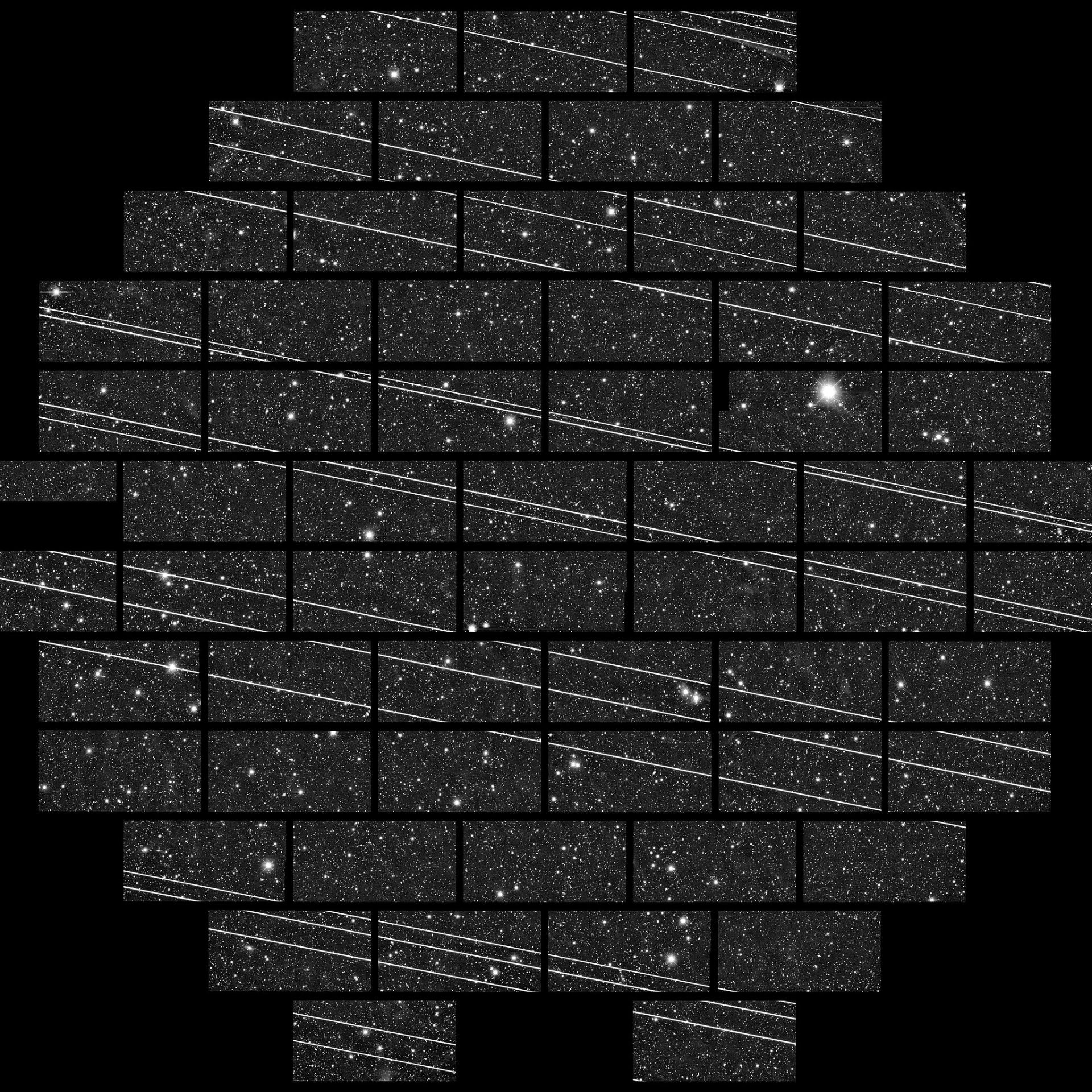 تصویرسازی با نوردهی ۳۳۳ ثانیه شامل ۱۹ (یا بیشتر) رد نور ناشی از ماهواره‌های استارلینک