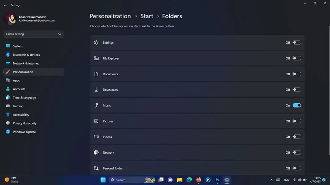تنظیمات Folders در منوی استارت