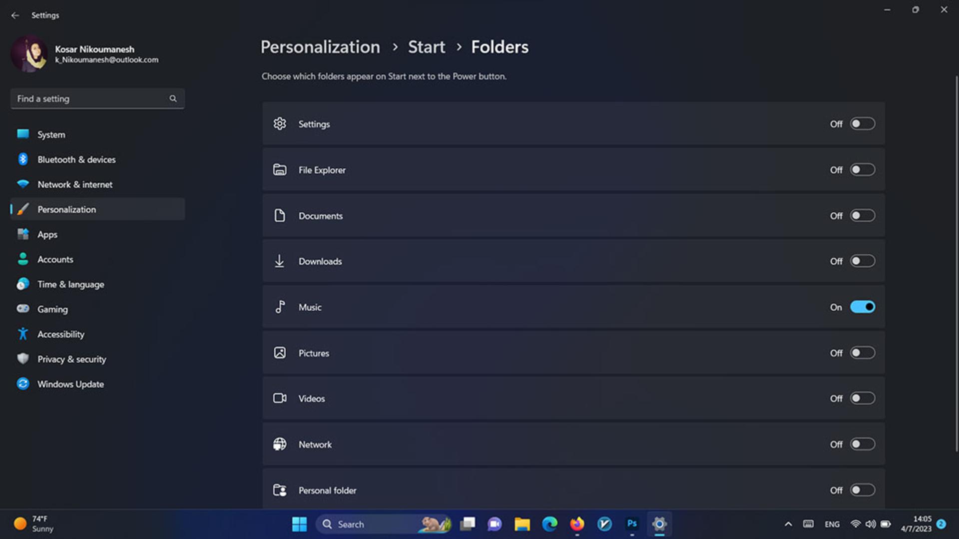 تنظیمات Folders در منوی استارت