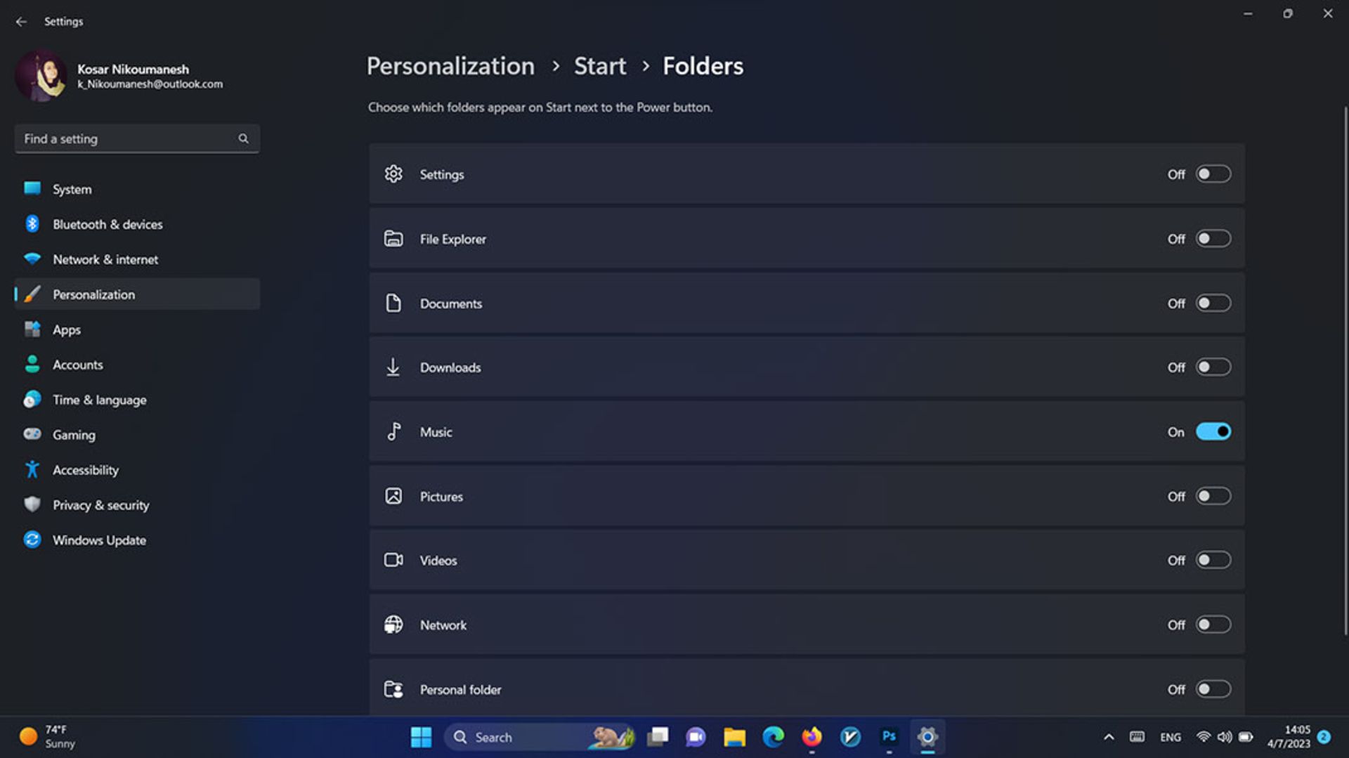تنظیمات Folders در منوی استارت