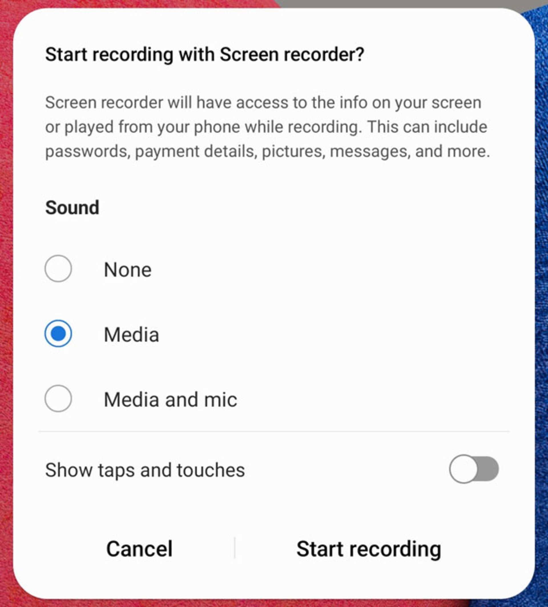 گزینه‌های اسکرین رکوردر قبل از شروع ضبط