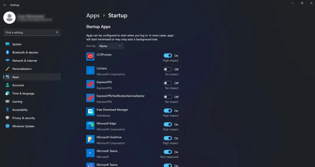 پنجره‌ی Startup Apps