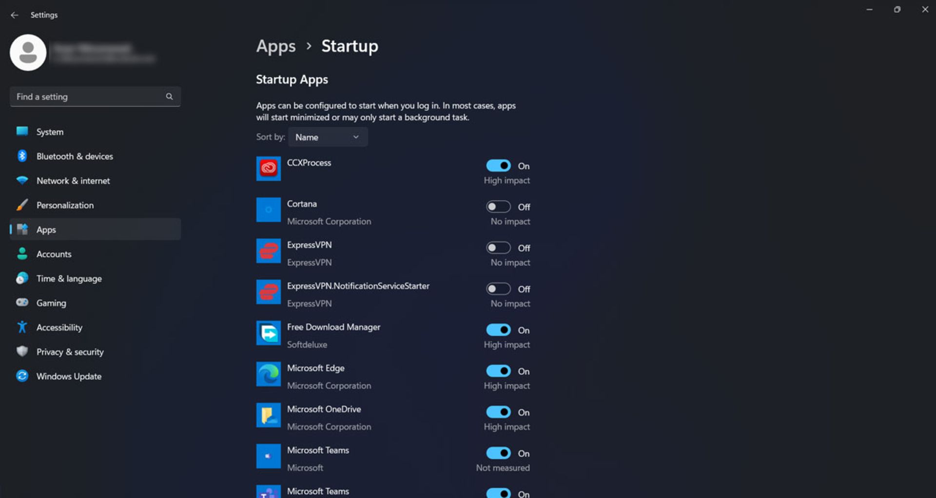 پنجره‌ی Startup Apps