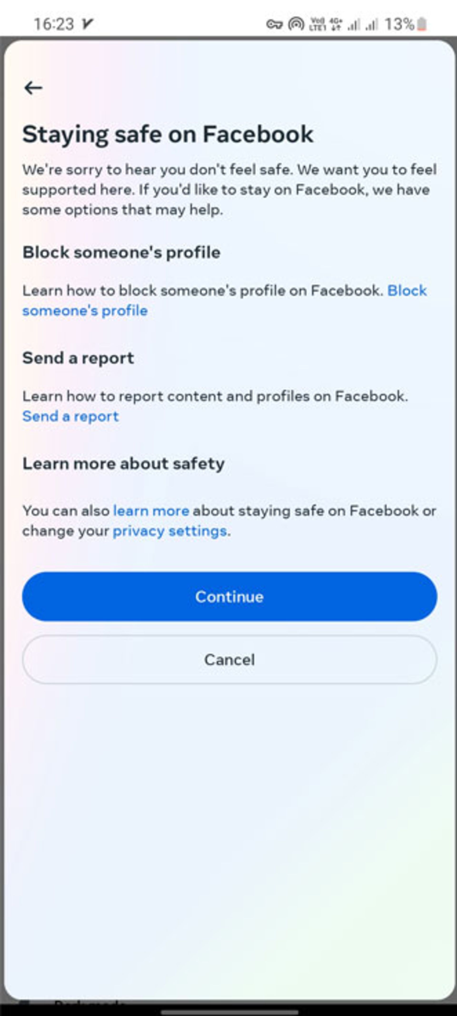 صفحه‌ی Stayin safe on facebook