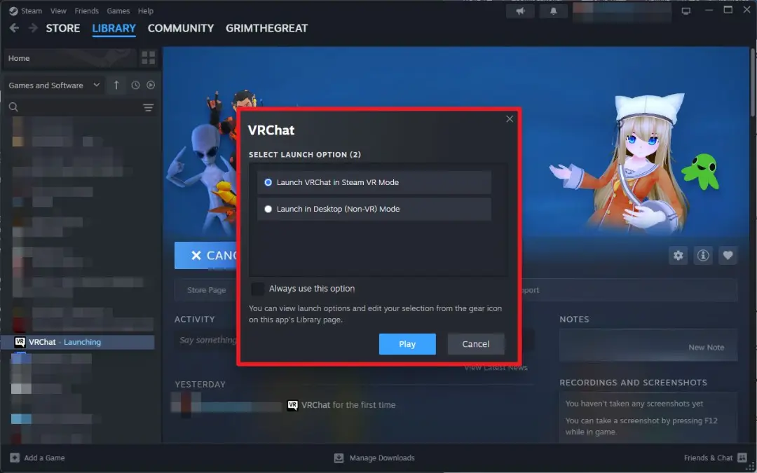 انتخاب نوع استارت‌اپ VRChat در استیم