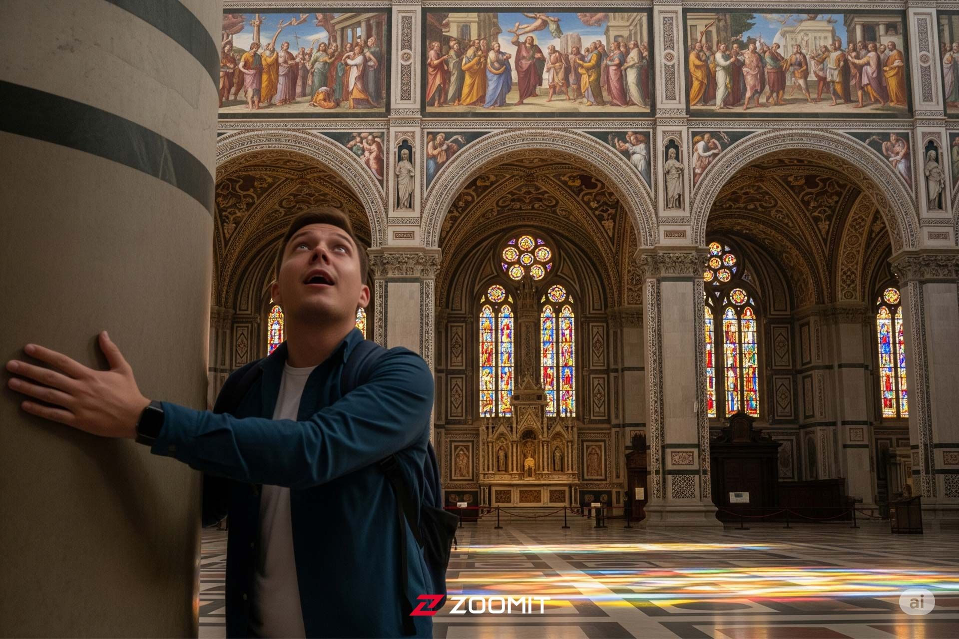 تصویرسازی از مردی جوان با چهره شوکه‌شده درون کلیسایی قرون وسطایی