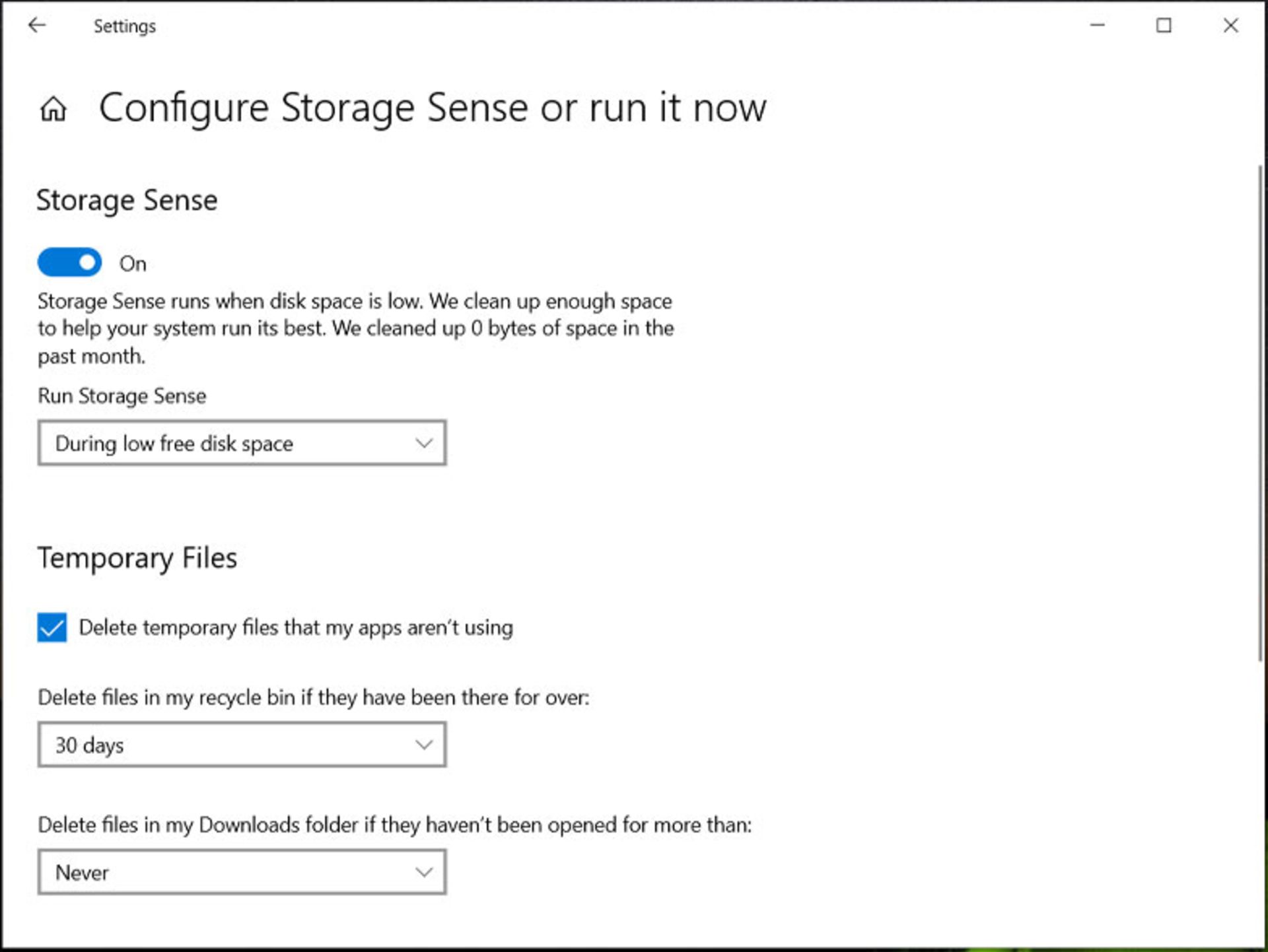 تنظیمات Storage Sense در ویندوز ۱۰