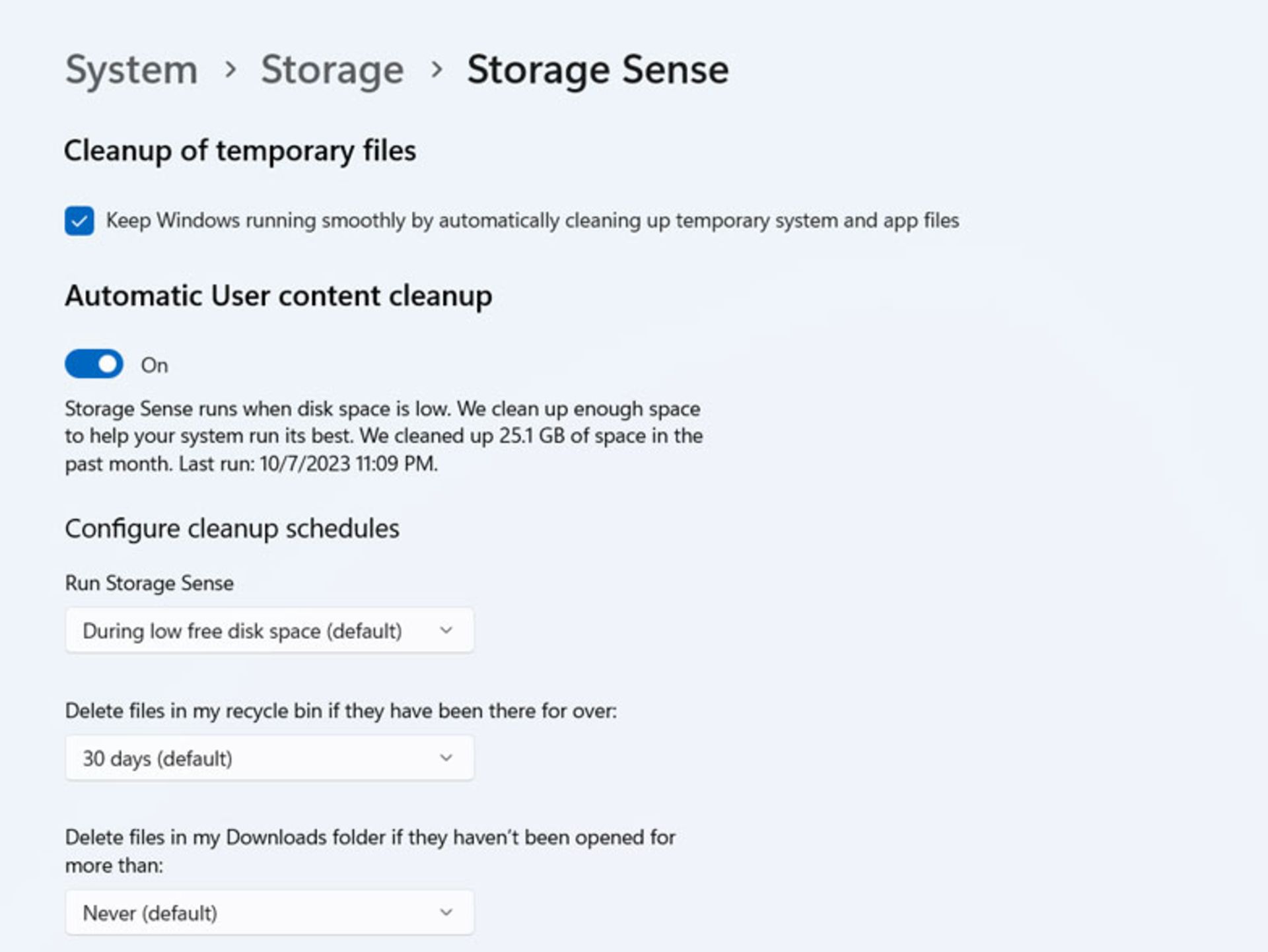 تنظیمات Storage Sense در ویندوز ۱۱