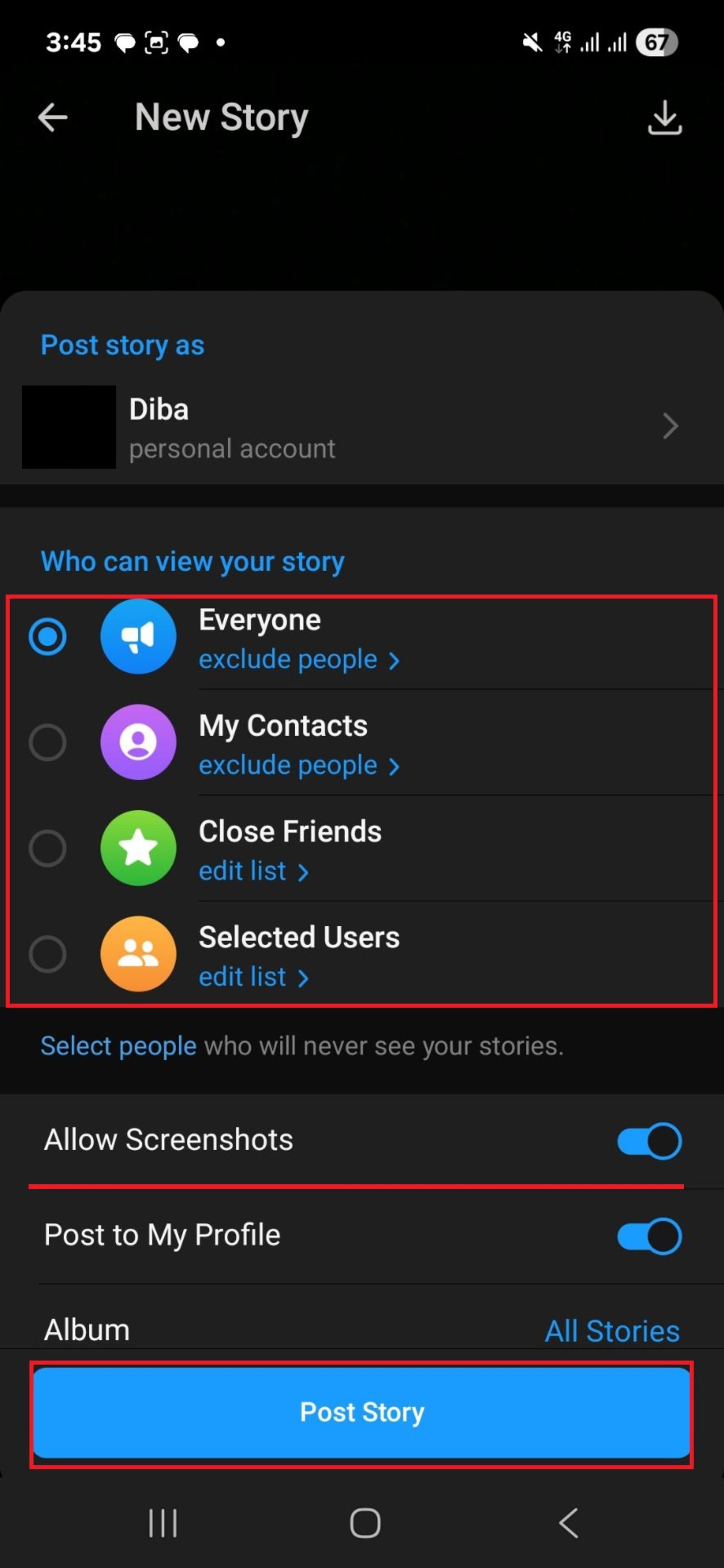 تنظیمات استوری در تلگرام