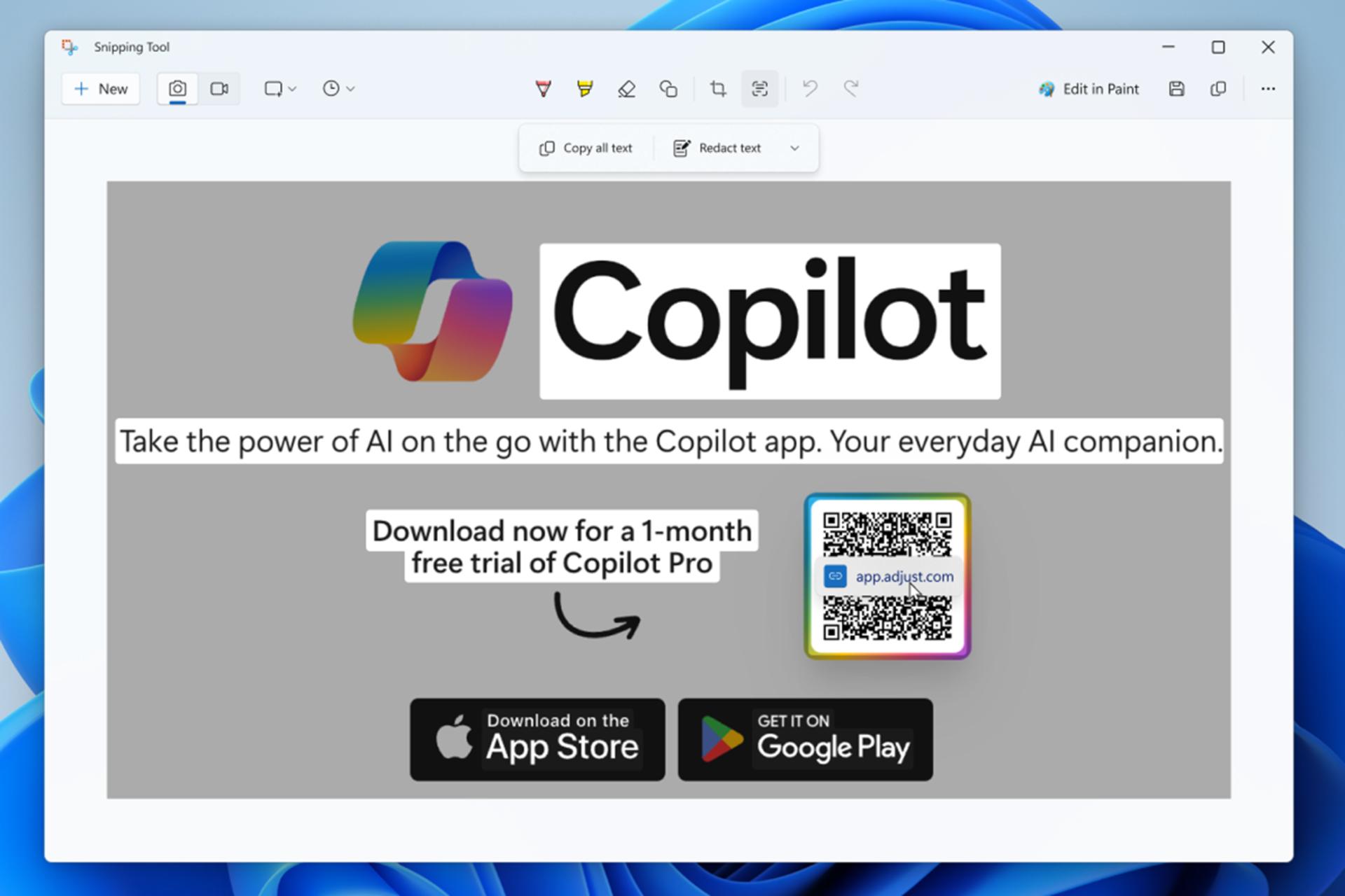 تصویر رسمی مایکروسافت از قابلیت اسکن QR کد در اسکرین‌شات ویندوز ۱۱
