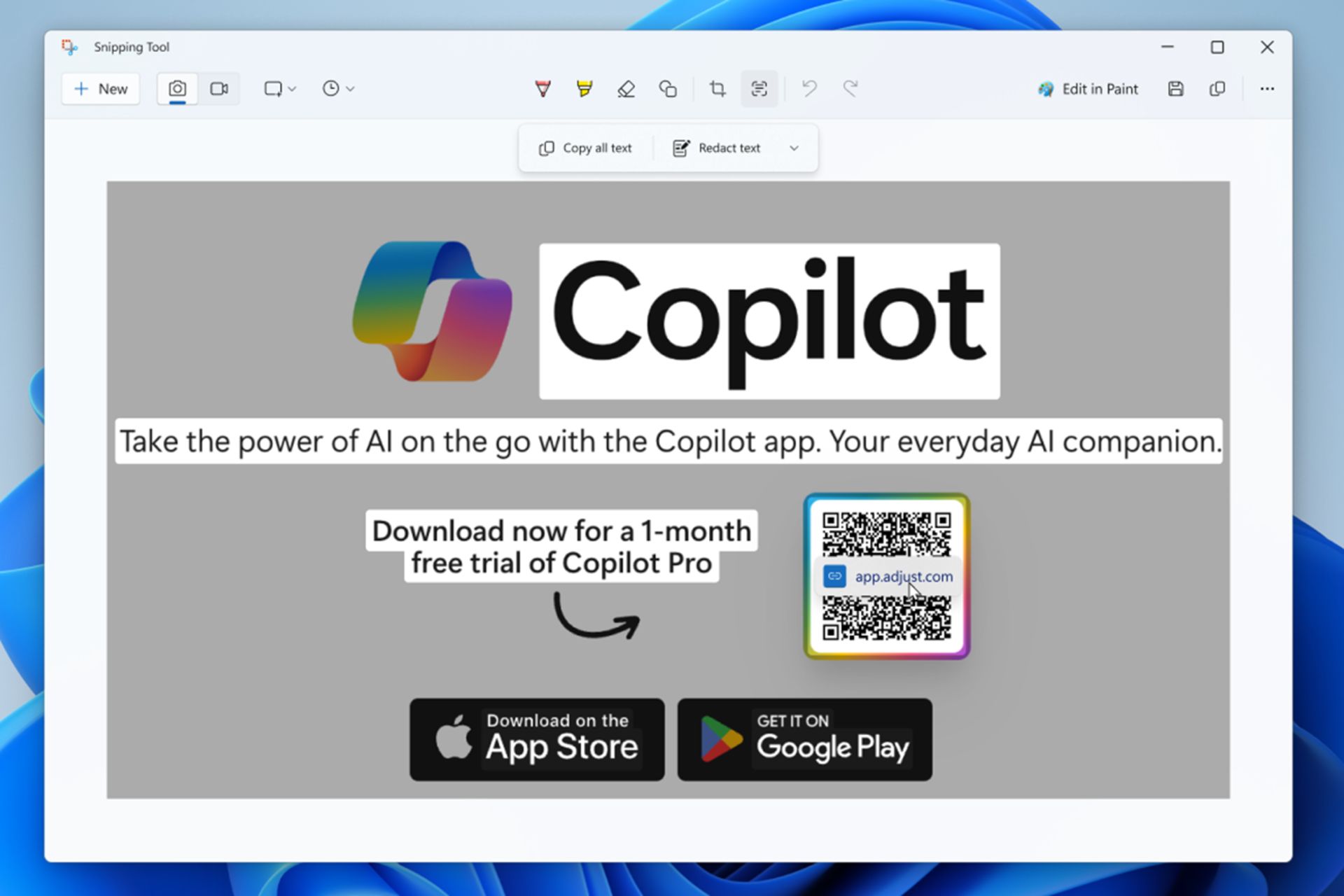 تصویر رسمی مایکروسافت از قابلیت اسکن QR کد در اسکرین‌شات ویندوز ۱۱