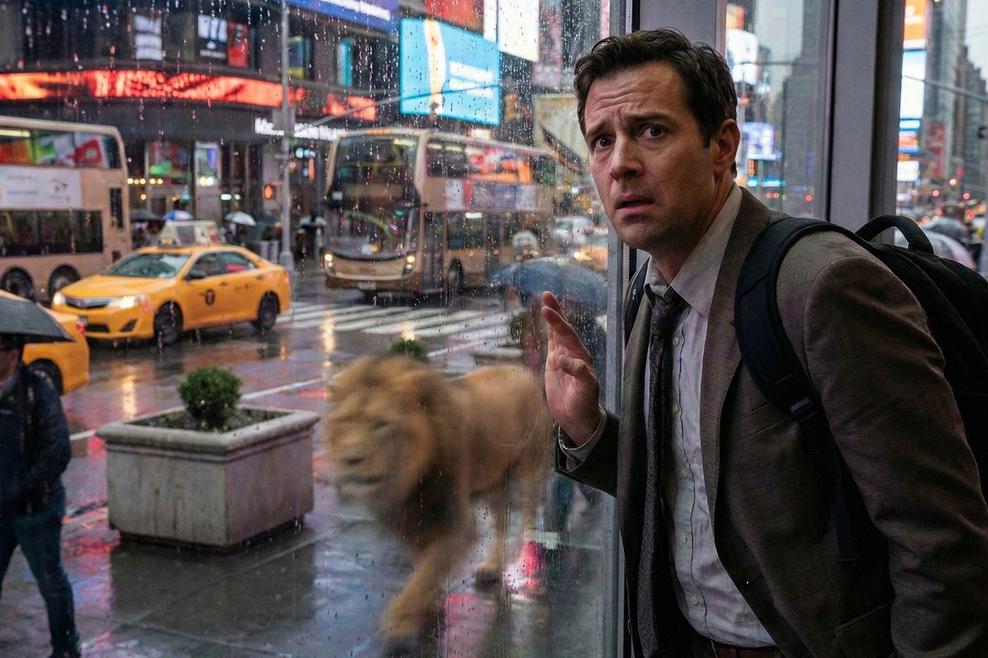 تصویرسازی کارمند اداری مدرن و پراسترس در شهری شلوغ با ترافیک و صفحات نمایش دیجیتال، که با احتیاط مراقب شیرهای ماقبل تاریخ است.