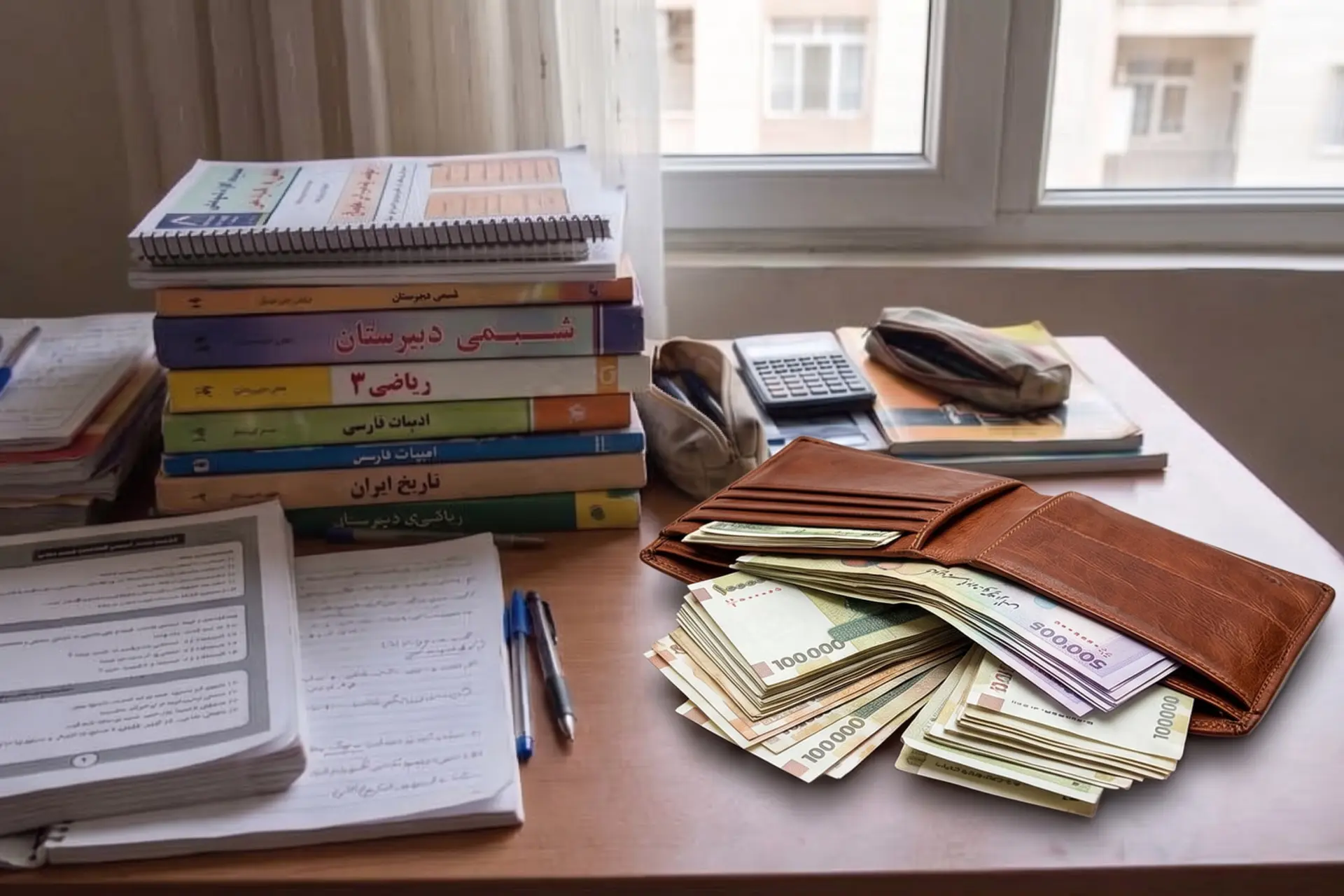 کتاب‌های درسی کنکور و کیف پول پر از اسکناس روی میز مطالعه