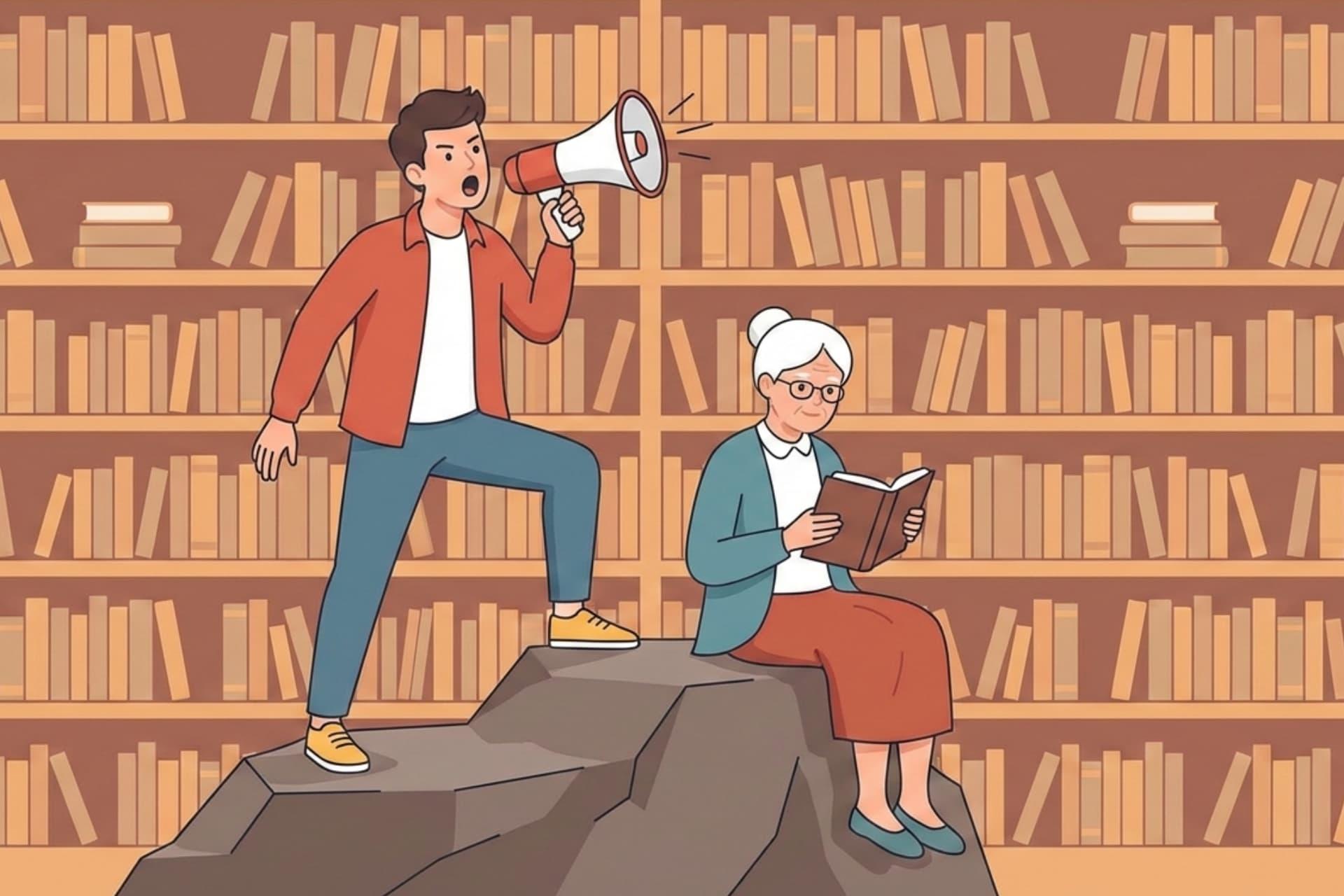 مردجوان در حال فریاد‌زدن در مگافون کنار زن مسن درحال خواندن کتاب 