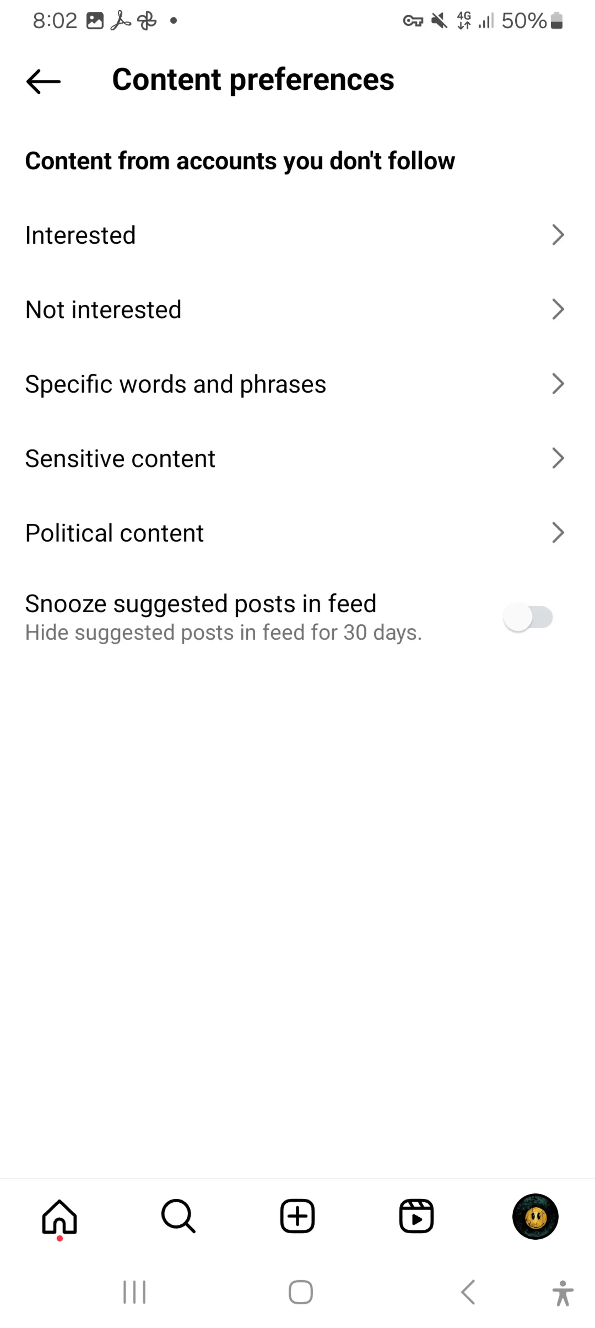 گزینه‌ی Suggested content در تنظیمات نمایش محتوا در اینستاگرام
