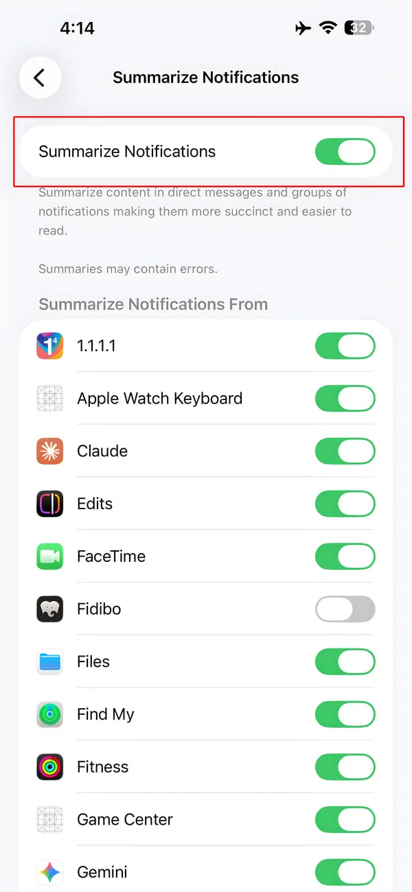 منوی تنظیمات Summarize Notifications در گوشی هوشمند با گزینه‌های مختلف