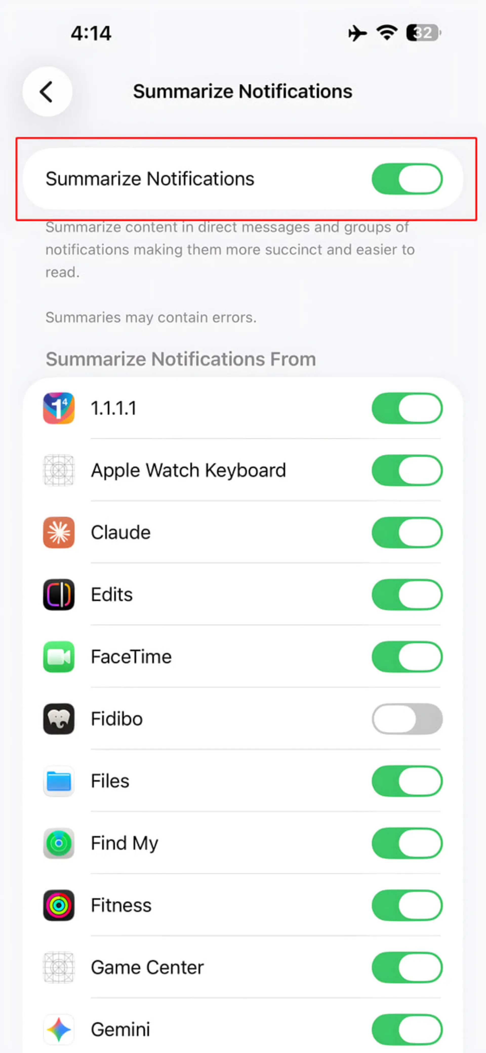 منوی تنظیمات Summarize Notifications در گوشی هوشمند با گزینههای مختلف