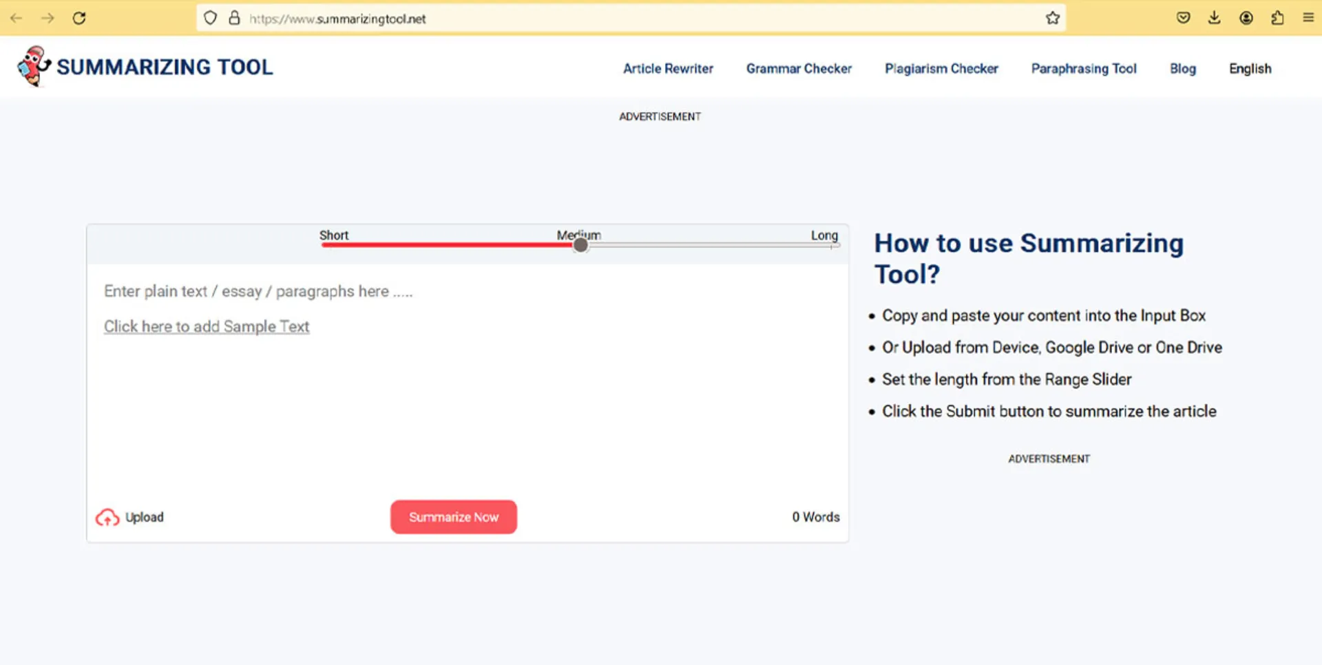 وب‌سایت Summarizing Tool