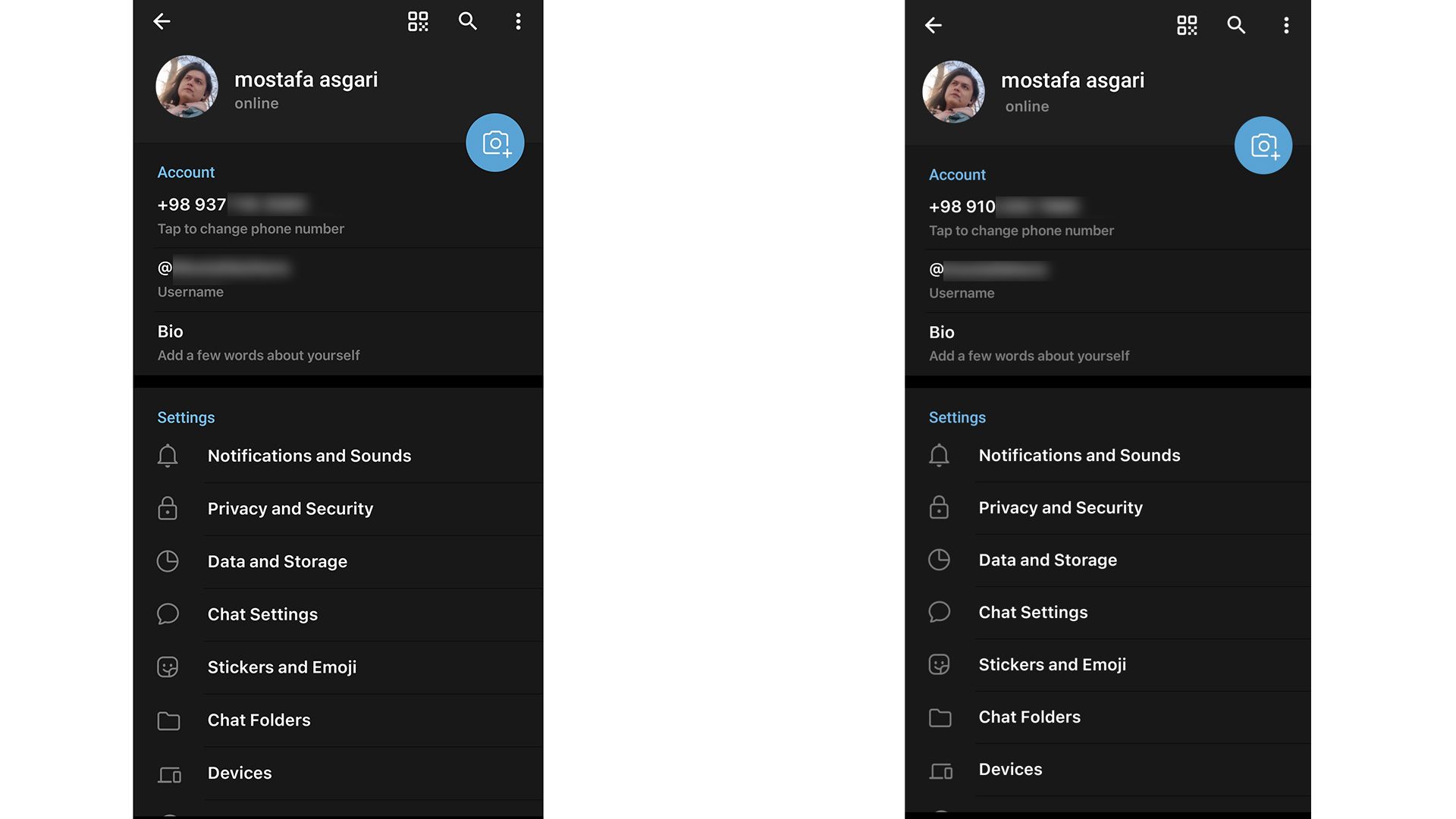 اسکرین شات دو حساب مختلف تلگرام که تصاویر پروفایل یکسانی دارند