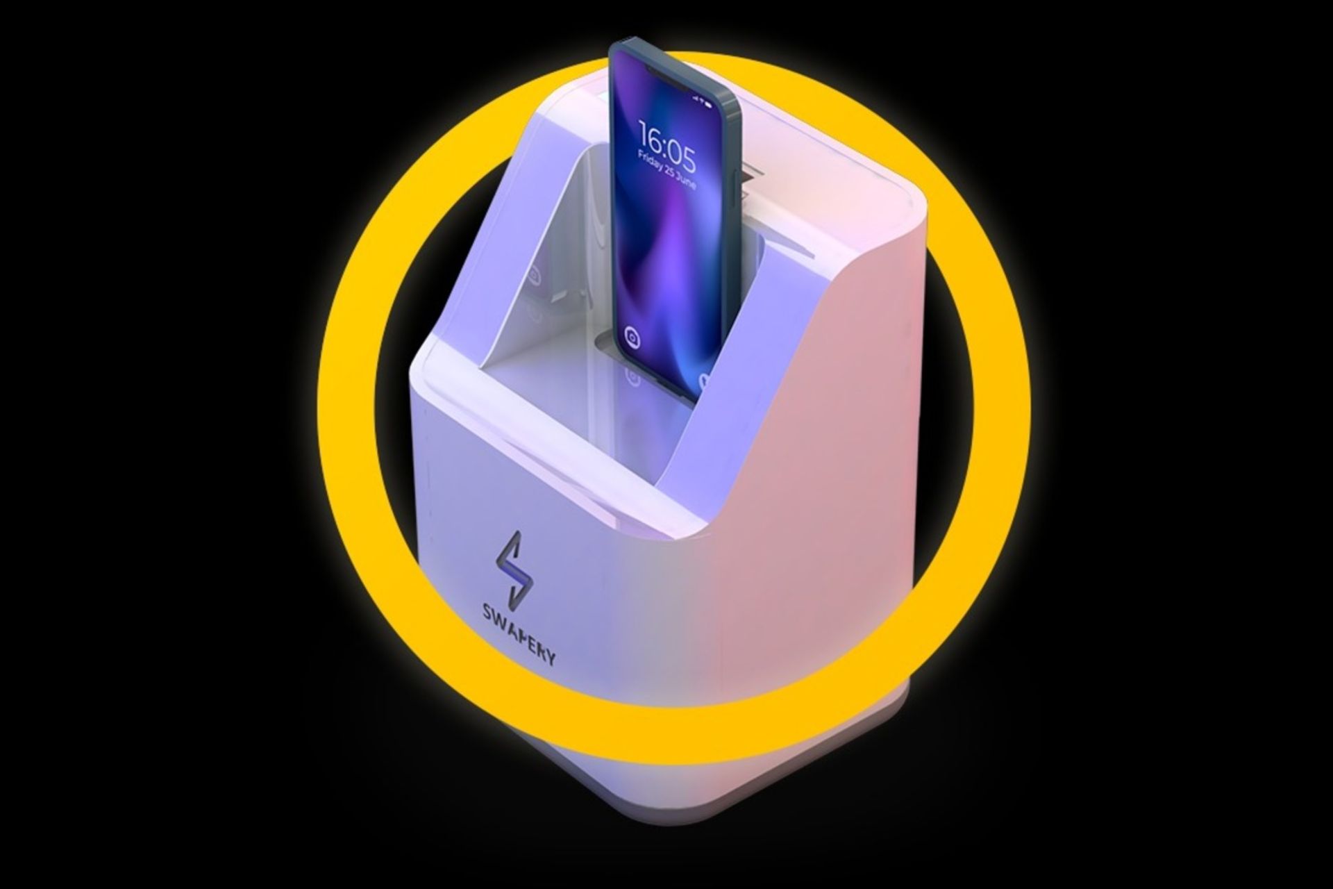 ایستگاه شارژ گوشی هوشمند با نام SWAPERY که درون آن یک گوشی آیفون قرار گرفته است