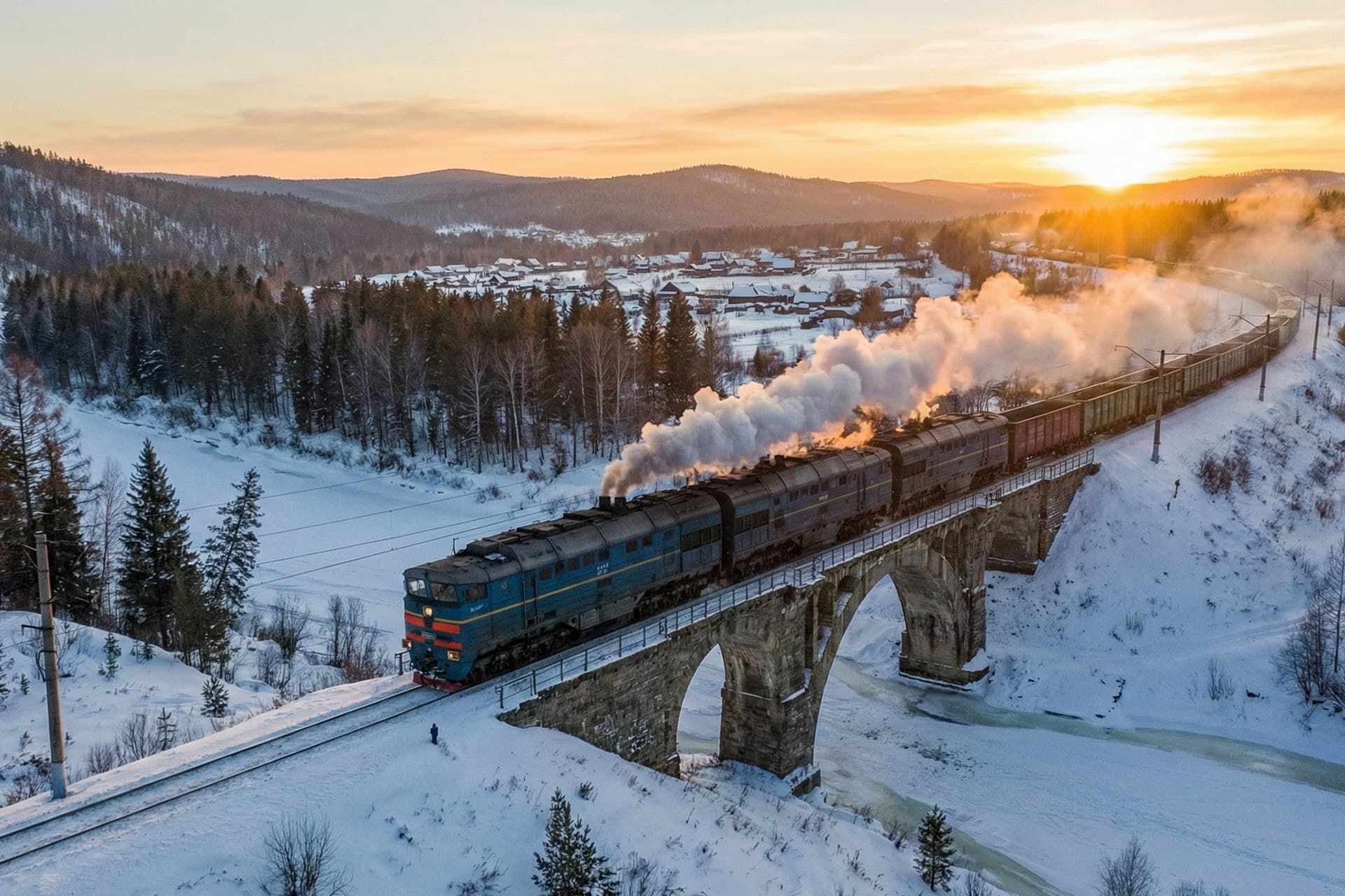 طرح هوش مصنوعی از قطاری در حال حرکت روی ریل راه‌آهن سیبری 