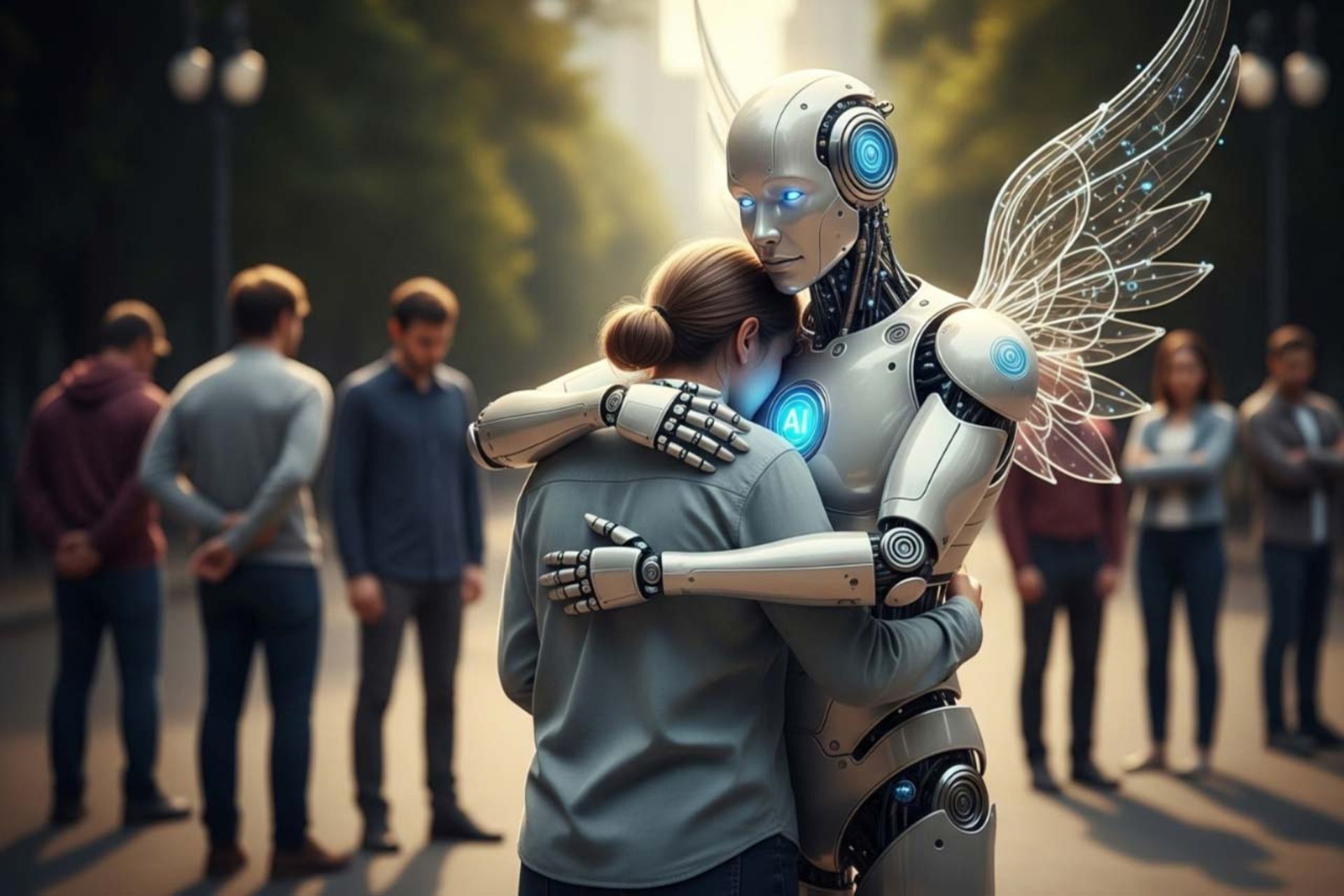 ربات انسان‌نما با بال‌های سفید انسانی بزرگسال را در آغوش گرفته است