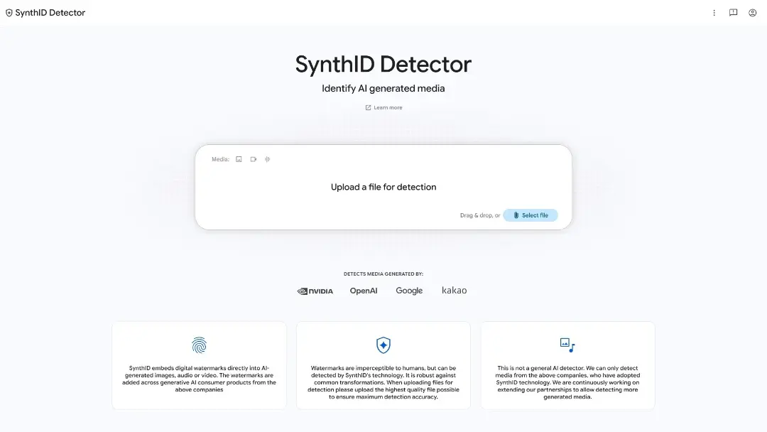 پنل کاربری ابزار SynthID Detector برای شناسایی رسانه‌های ساخته‌شده با هوش مصنوعی
