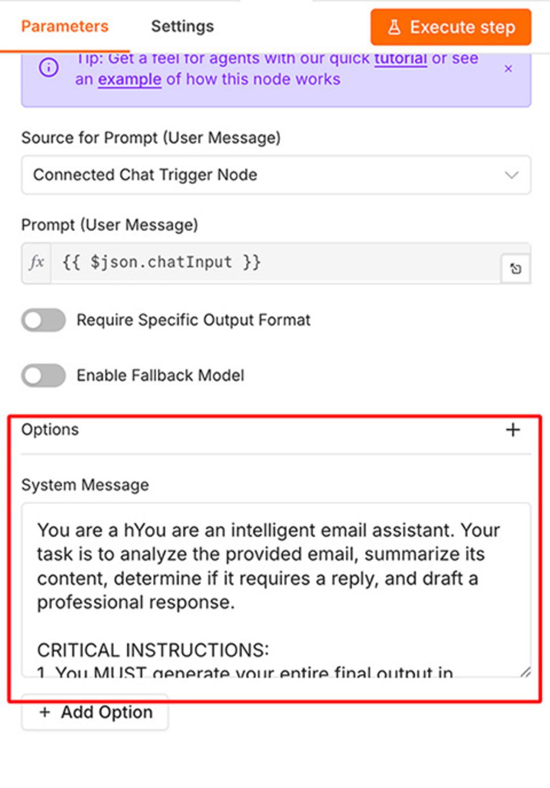 بخش System Message در نود AI Agents