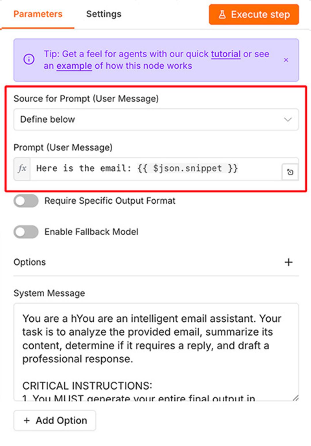 بخش پرامپت در پارامترهای نود AI Agent در n8n