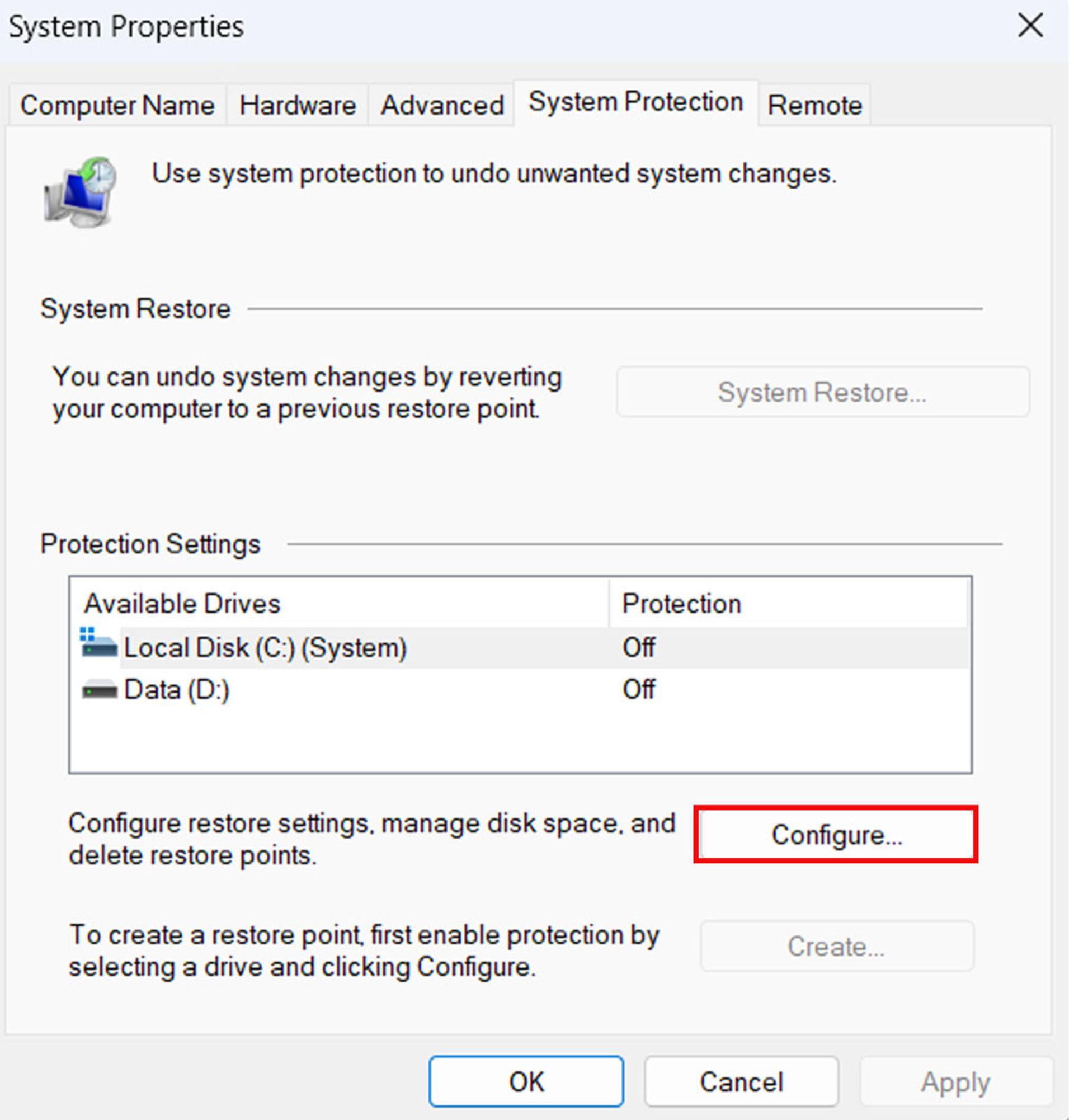 System Properties settings