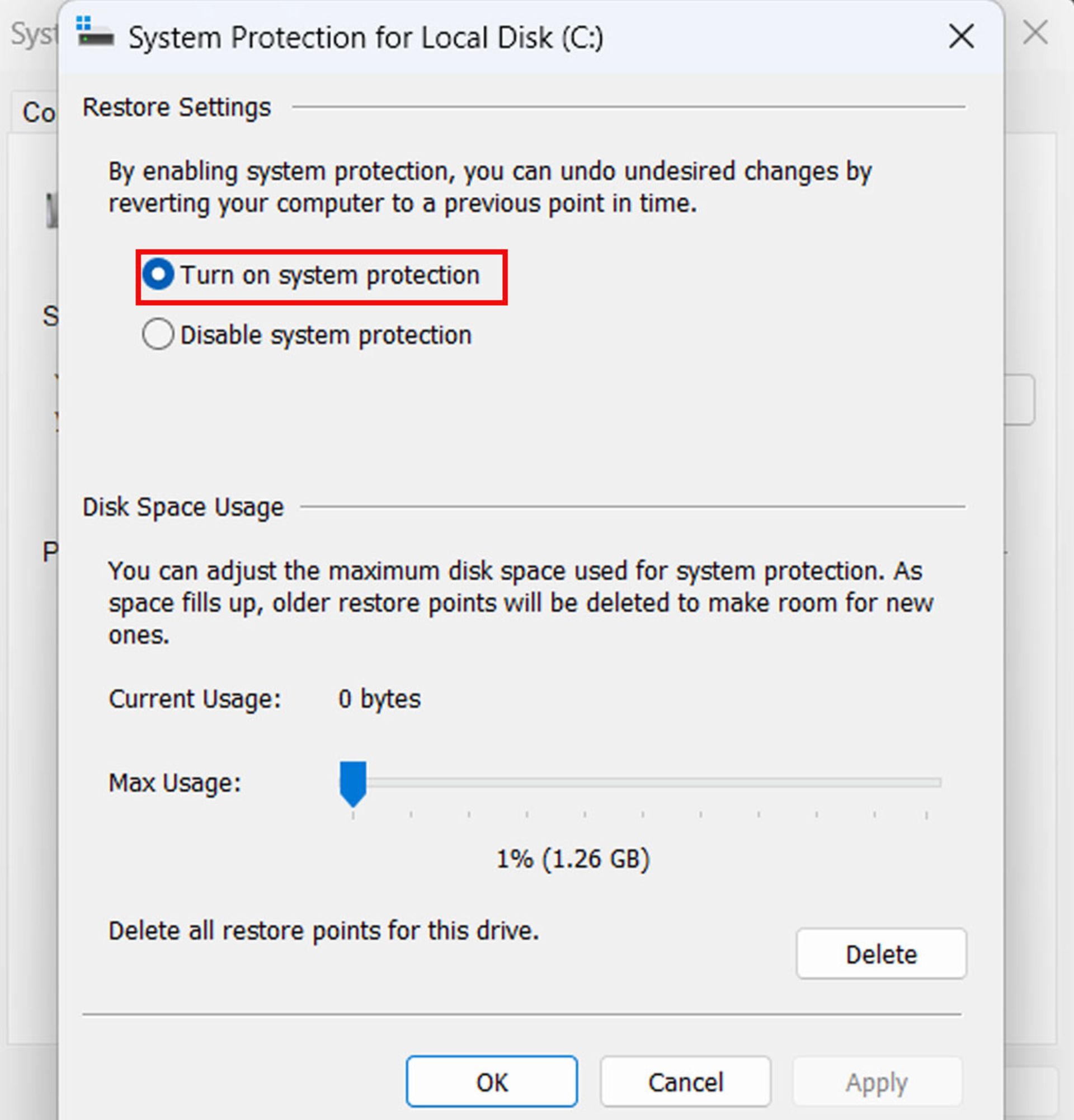 System Properties for Local Disk settings
