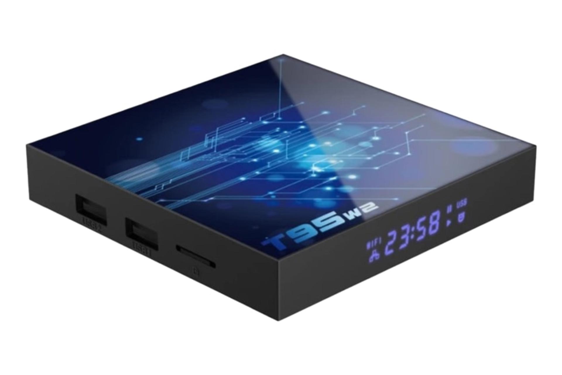 نمای نیمرخ اندروید باکس تی 95 W2 با نمایشگر روشن و نمایش درگاه‌های لبه سمت چپ