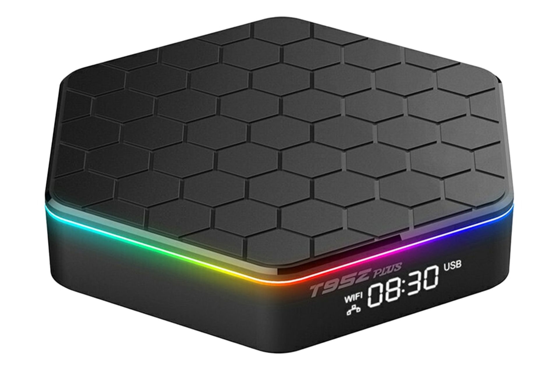 نمای نیمرخ اندروید باکس تی 95 زد Plus با نمایشگر روشن، نمایش نورپردازی و پنل بالا