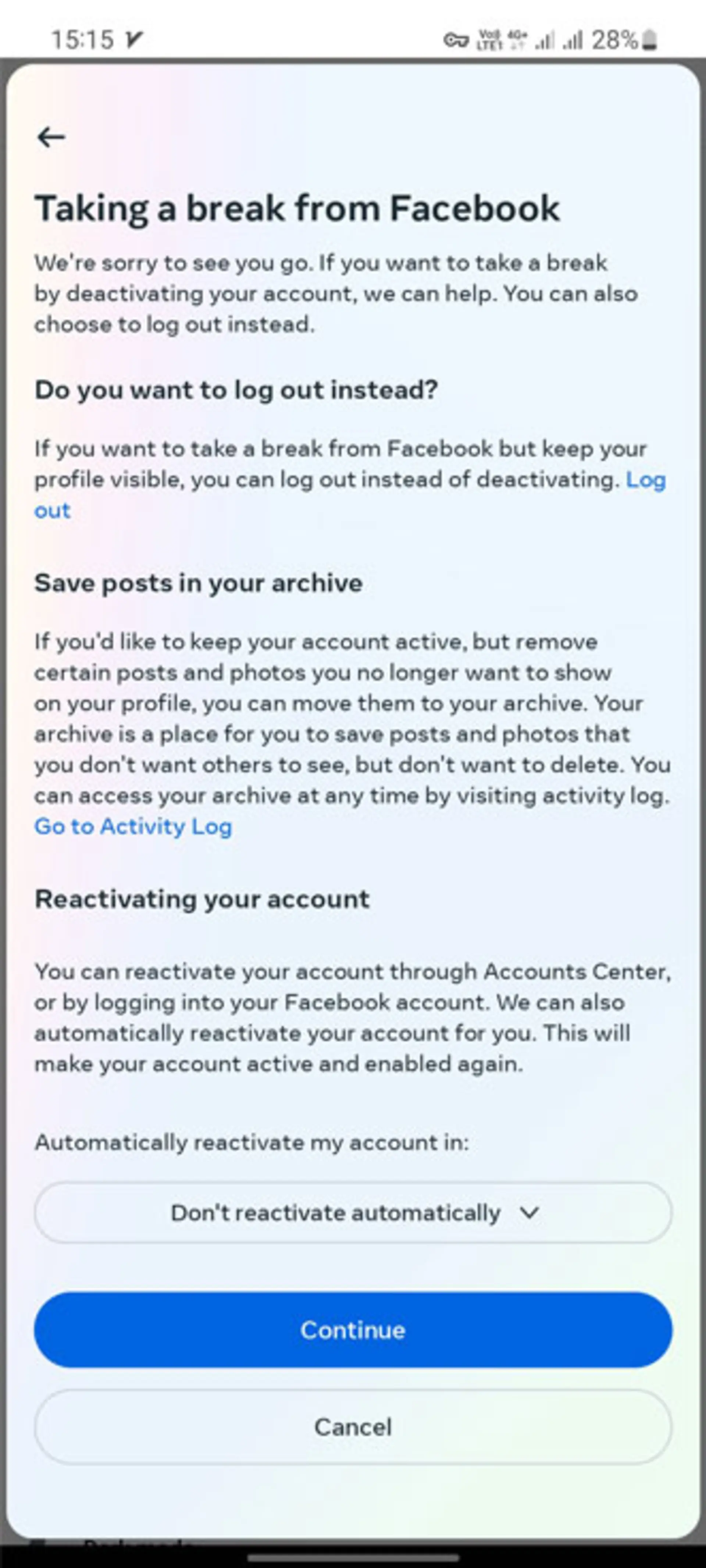 مرحله‌ی Taking a break from facebook
