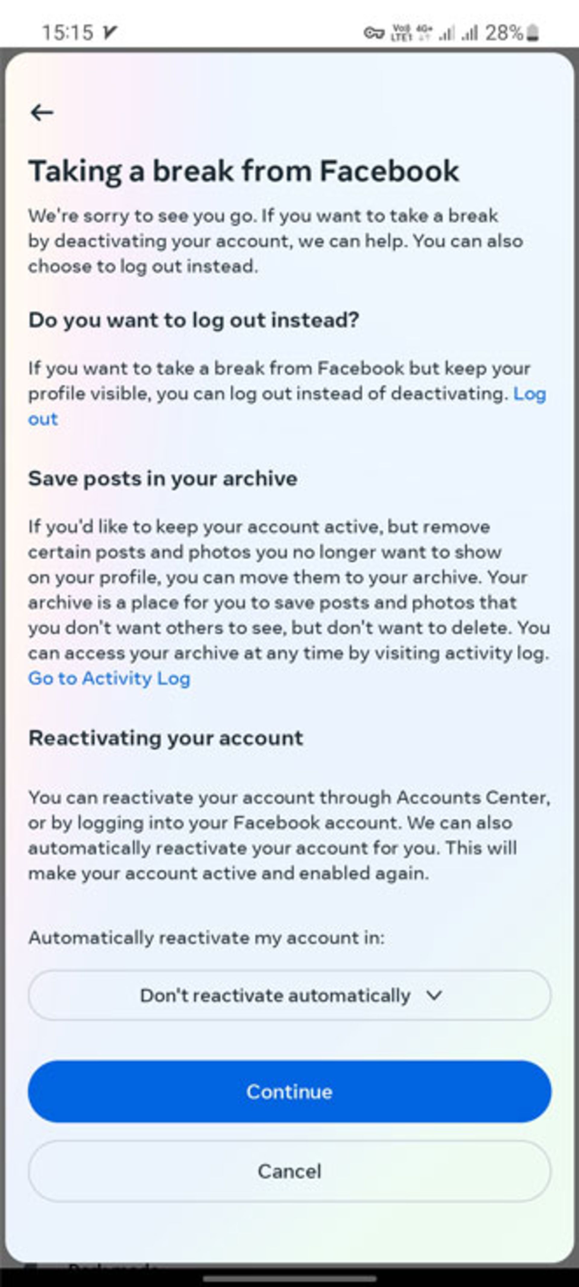 مرحله‌ی Taking a break from facebook