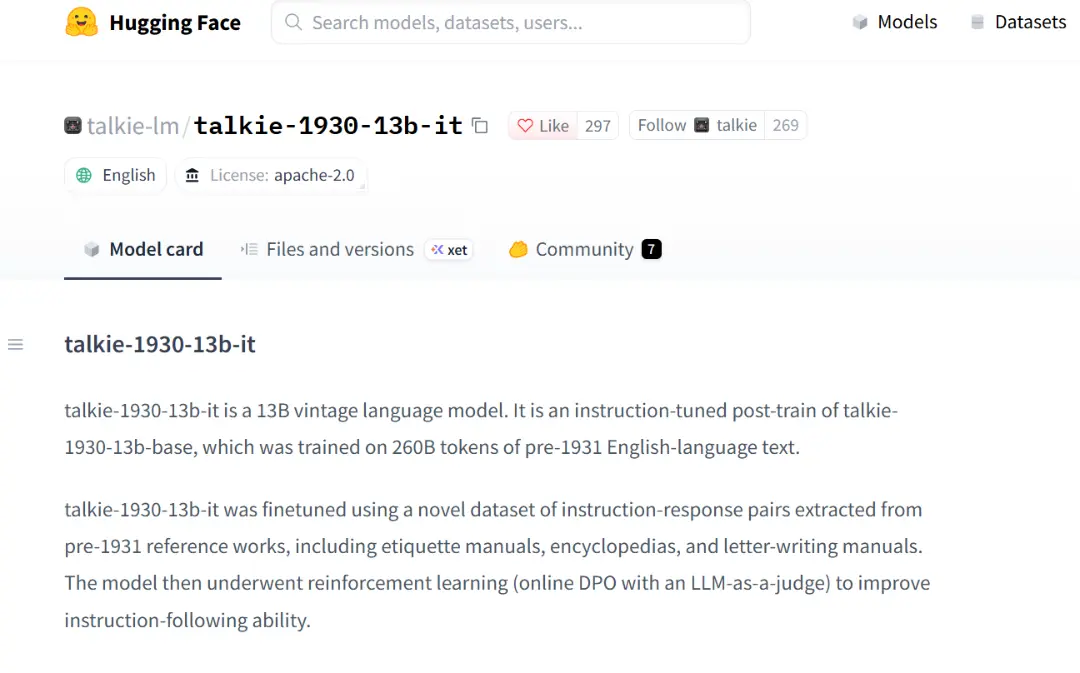 صفحه مدل زبانی talkie-1930-13b-it در پلتفرم Hugging Face (Hugging Face)