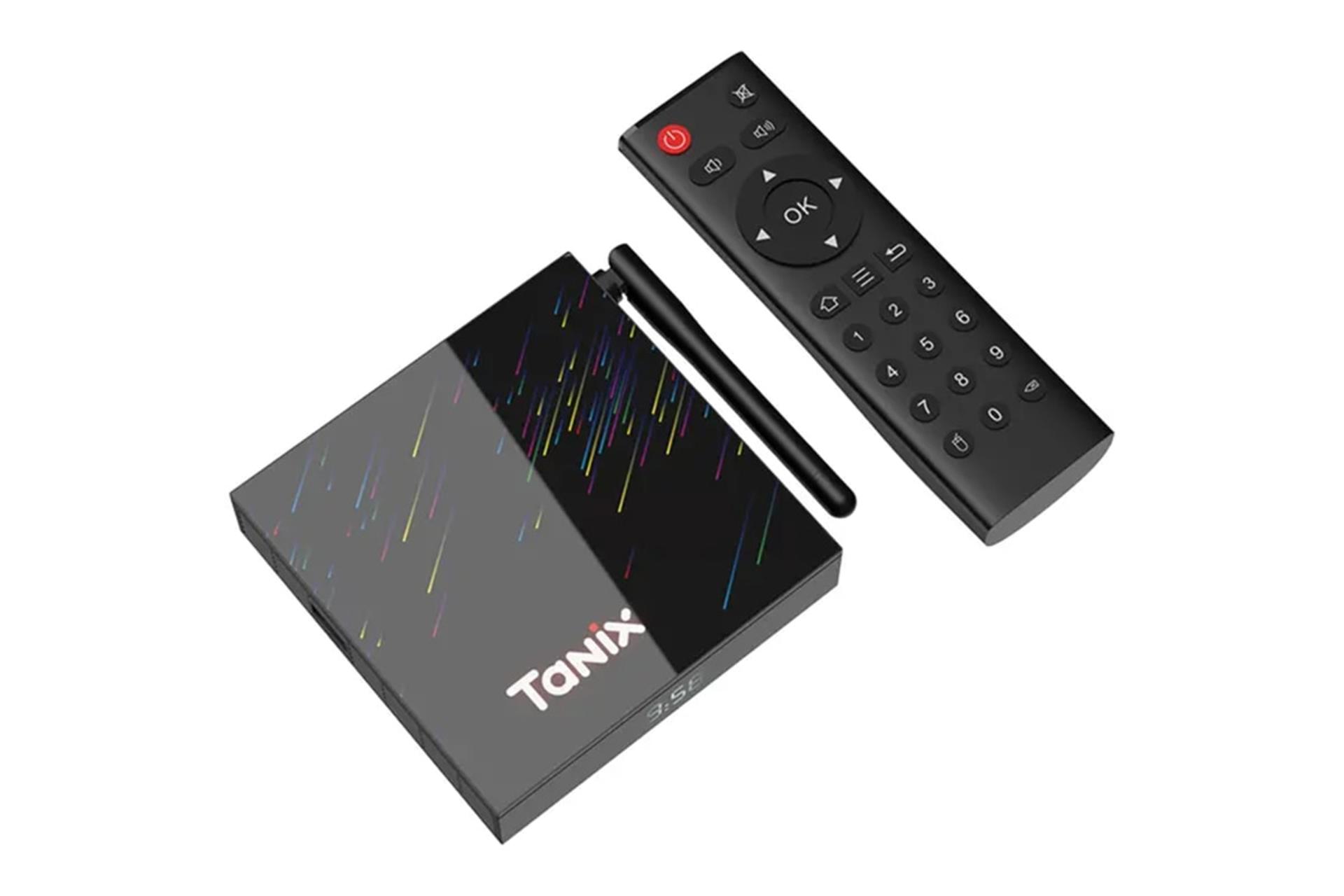 نمای پنل بالای اندروید باکس تانیکس TX68 با نمایش لوگو و ریموت کنترل