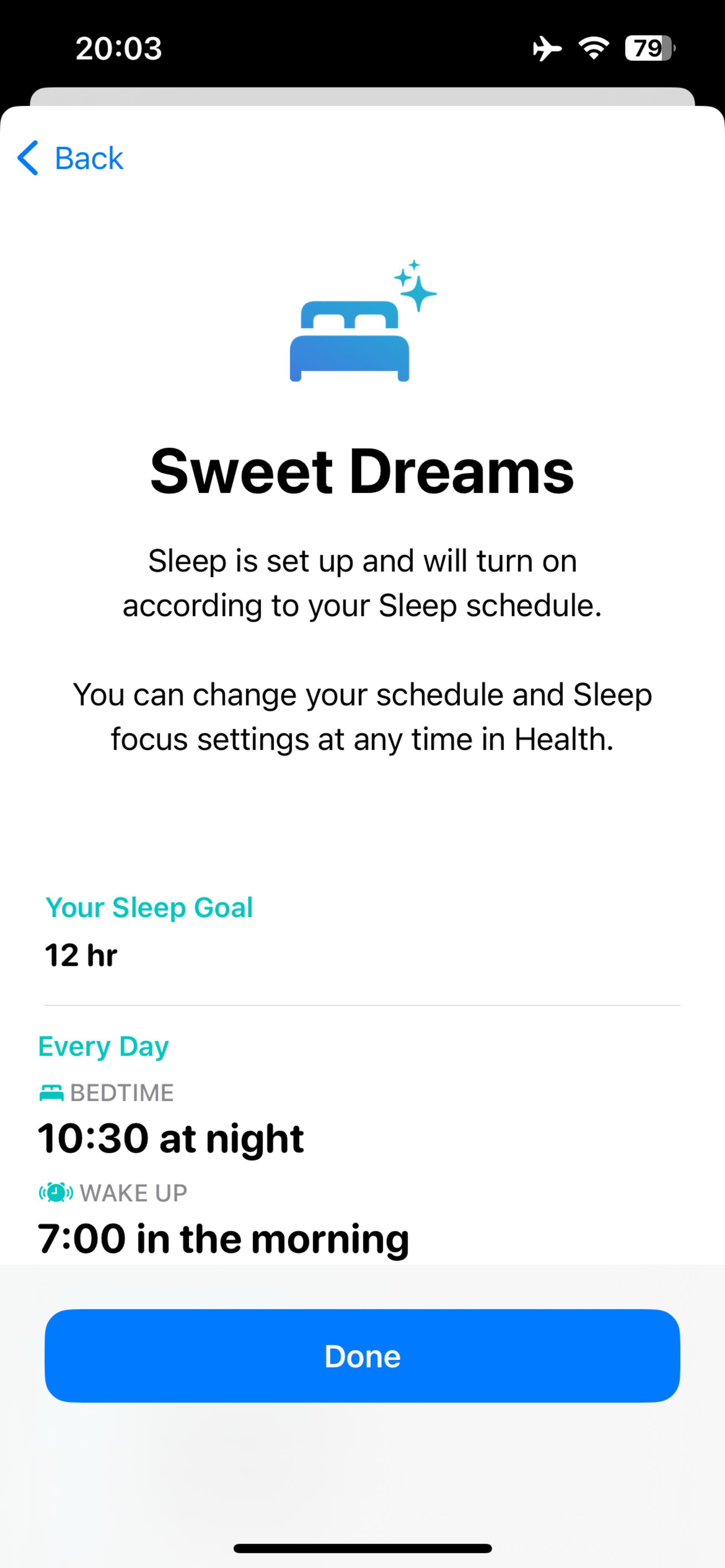 انتخاب Done جهت تنظیم نهایی قابلیت Bedtime