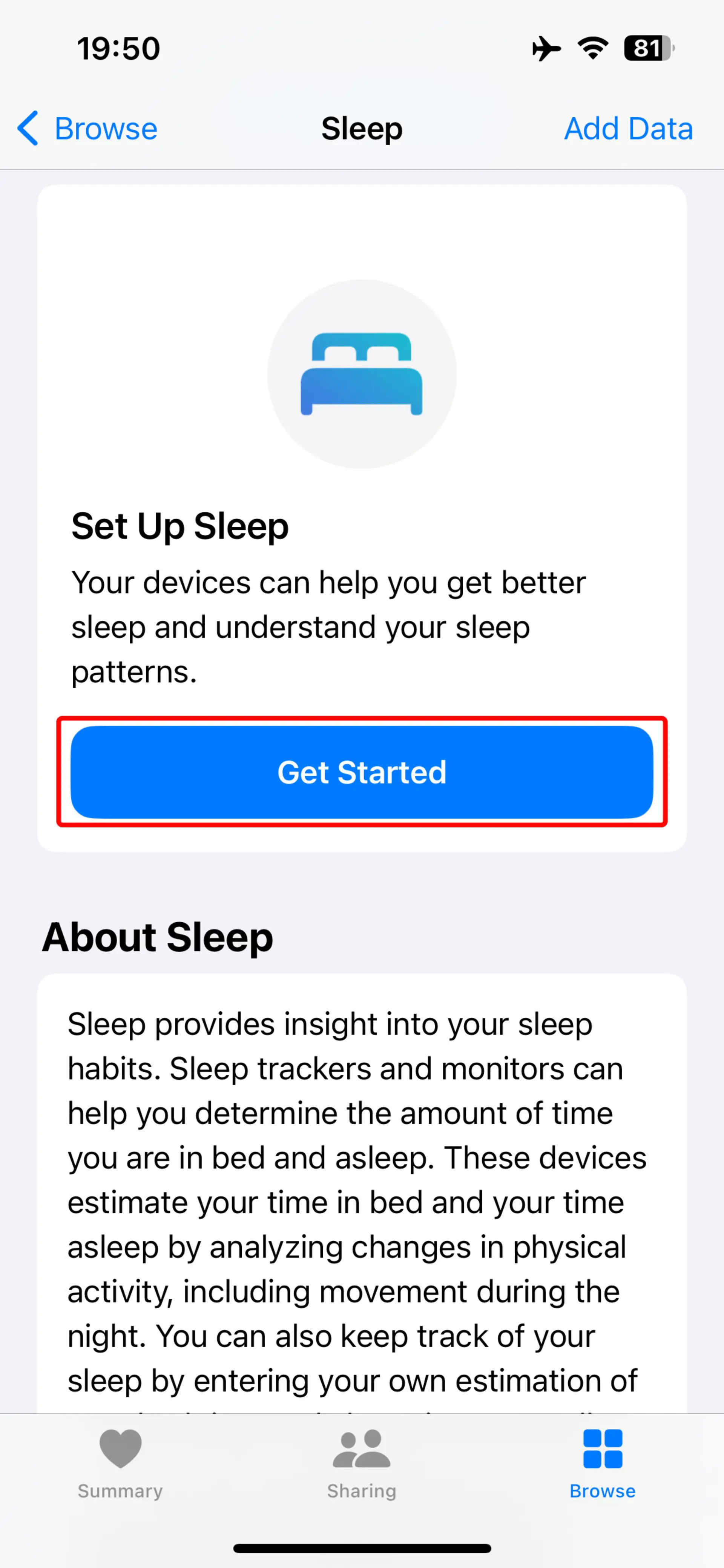 ضربه روی Get Started برای شروع حالت Sleep آیفون