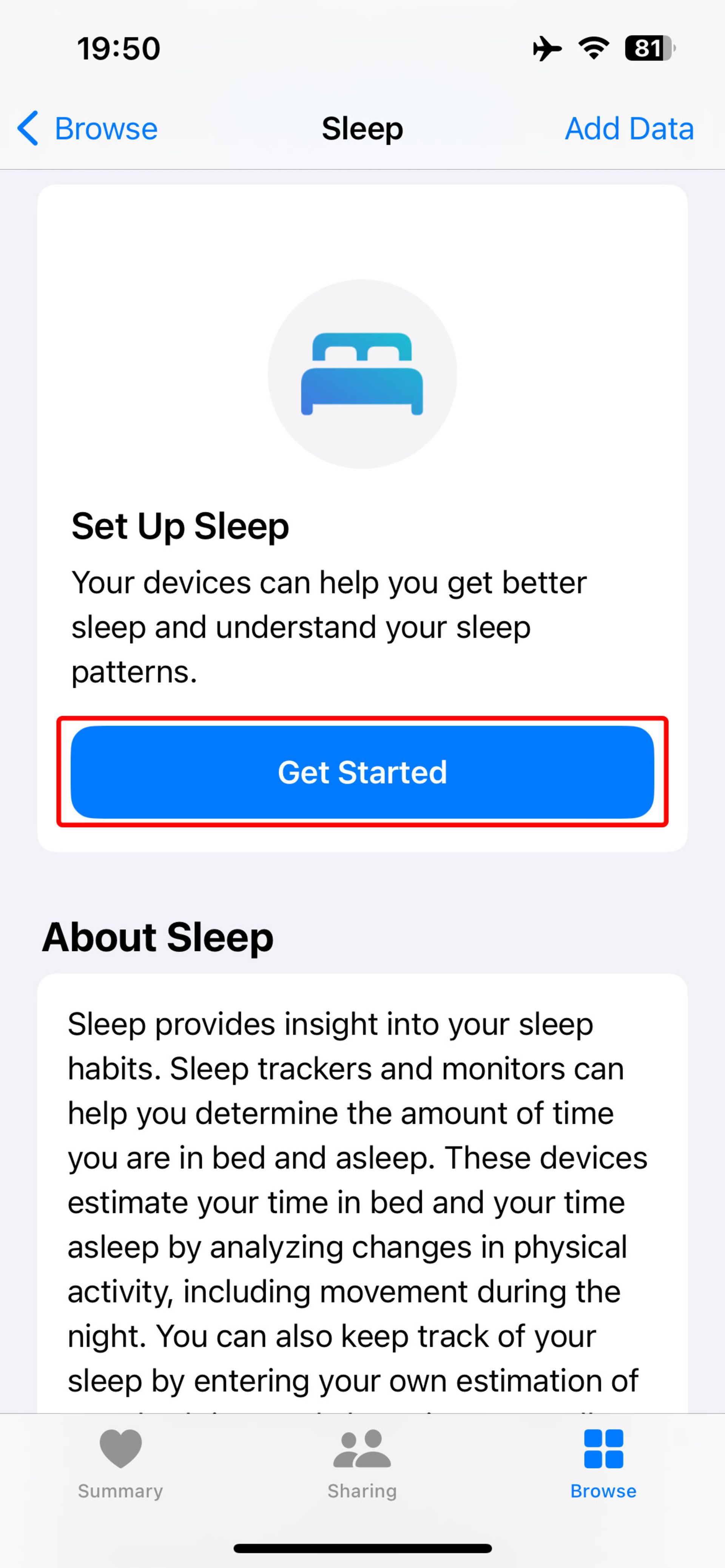 ضربه روی Get Started برای شروع حالت Sleep آیفون