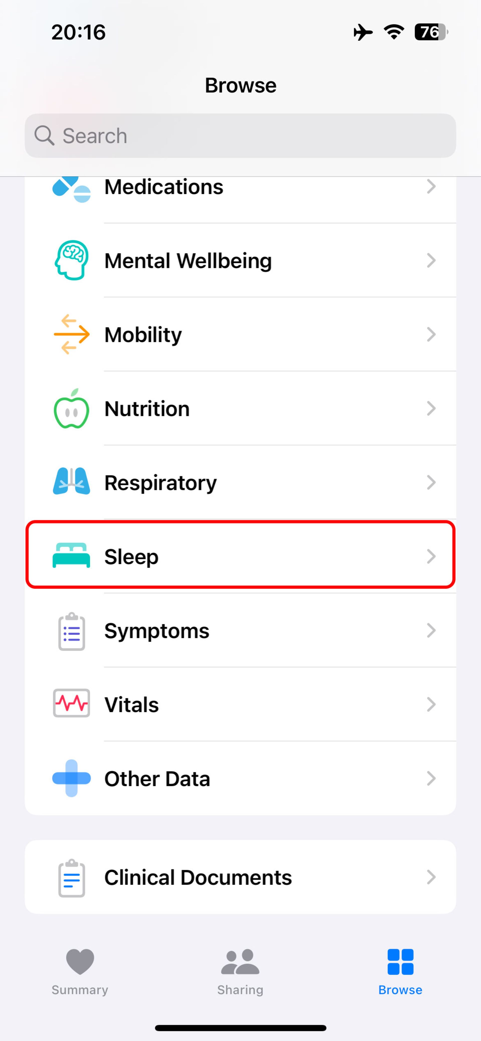 انتخاب Browse و سپس Sleep در اپلیکیشن Health