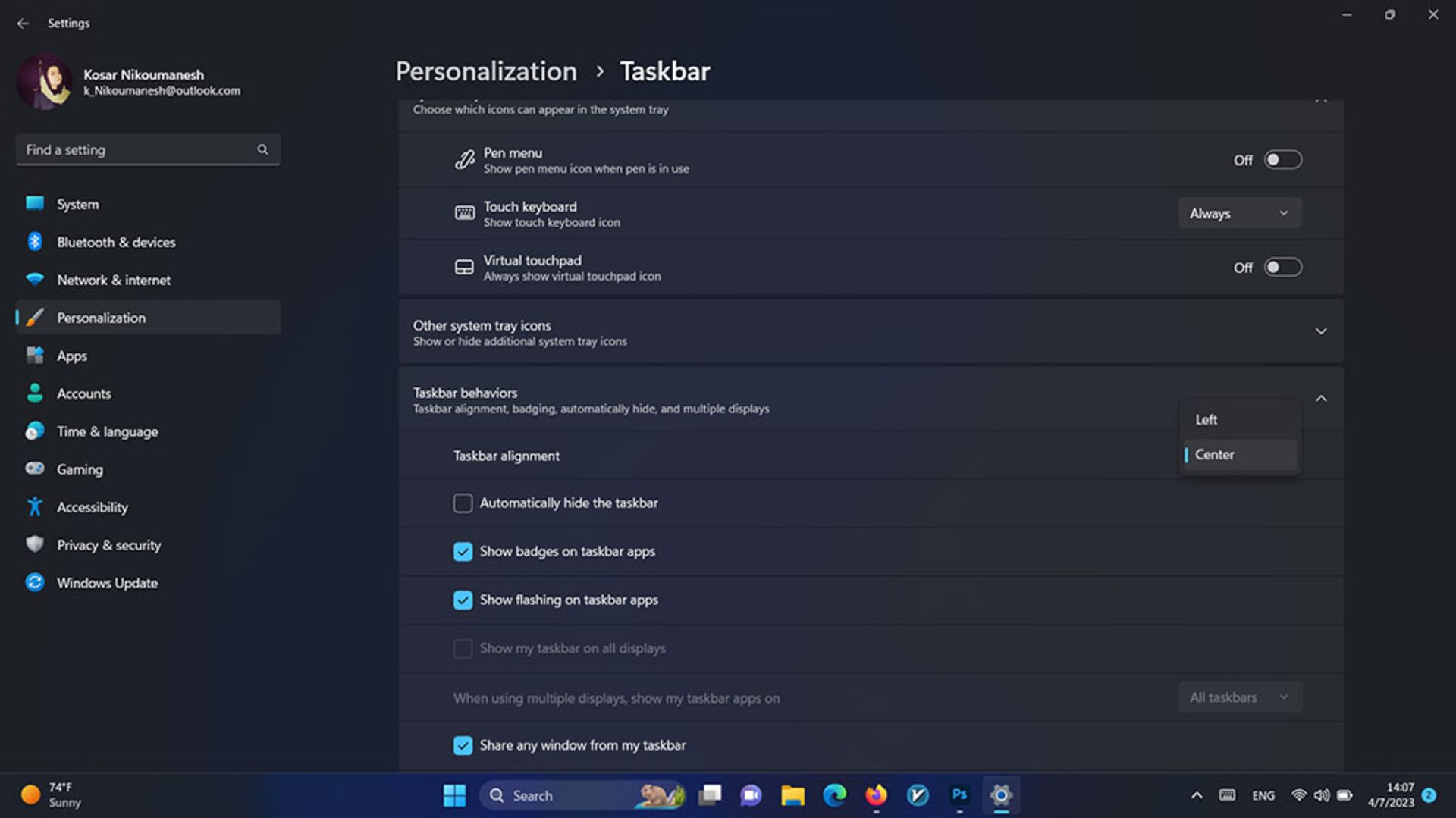 نحوه‌ی انتقال گزینه‌های نوار وظیفه به سمت چپ