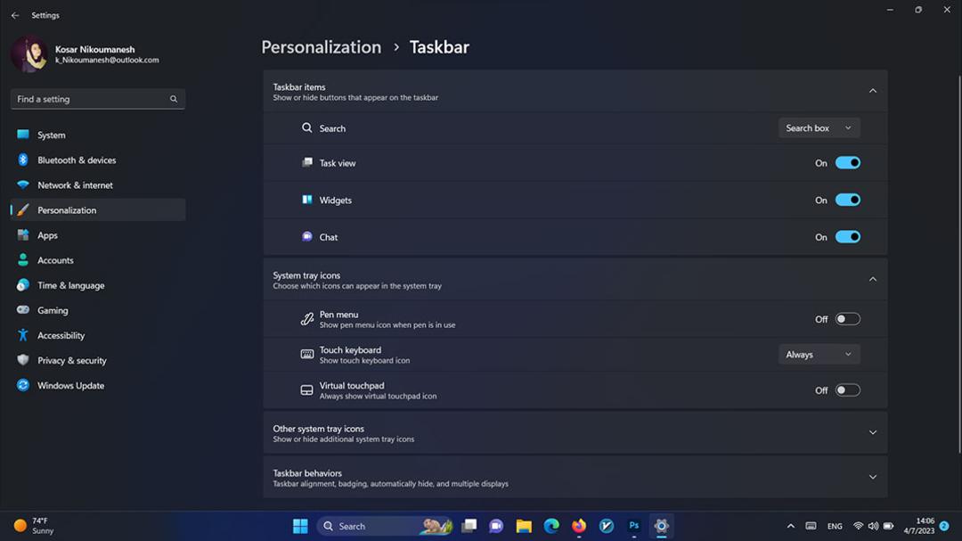 تنظیمات Taskbar