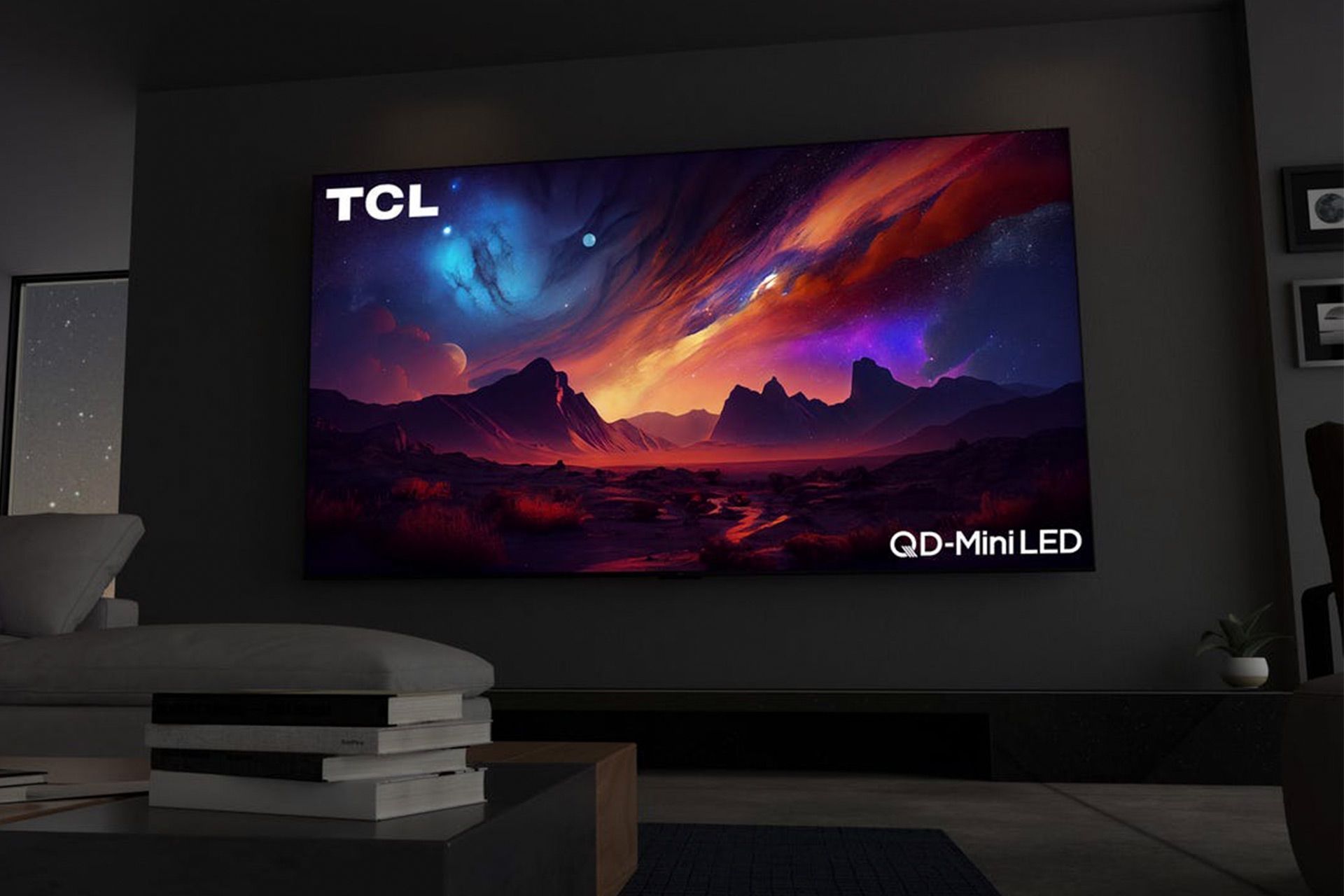 نمای صفحه‌نمایش بزرگ تلویزیون مینی LED مدل QM89 TCL در خانه
