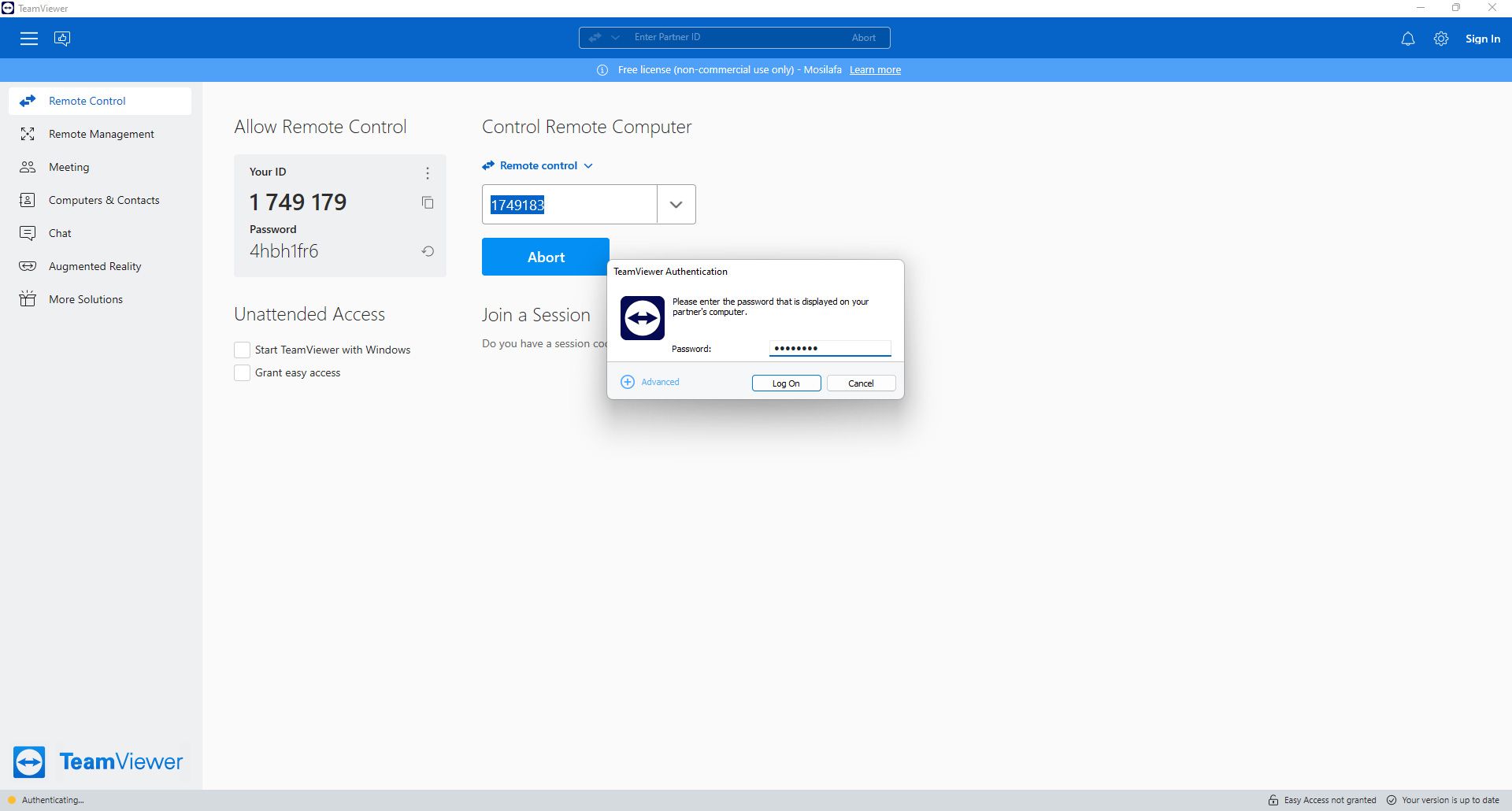 پنجره رمز عبور در TeamViewer