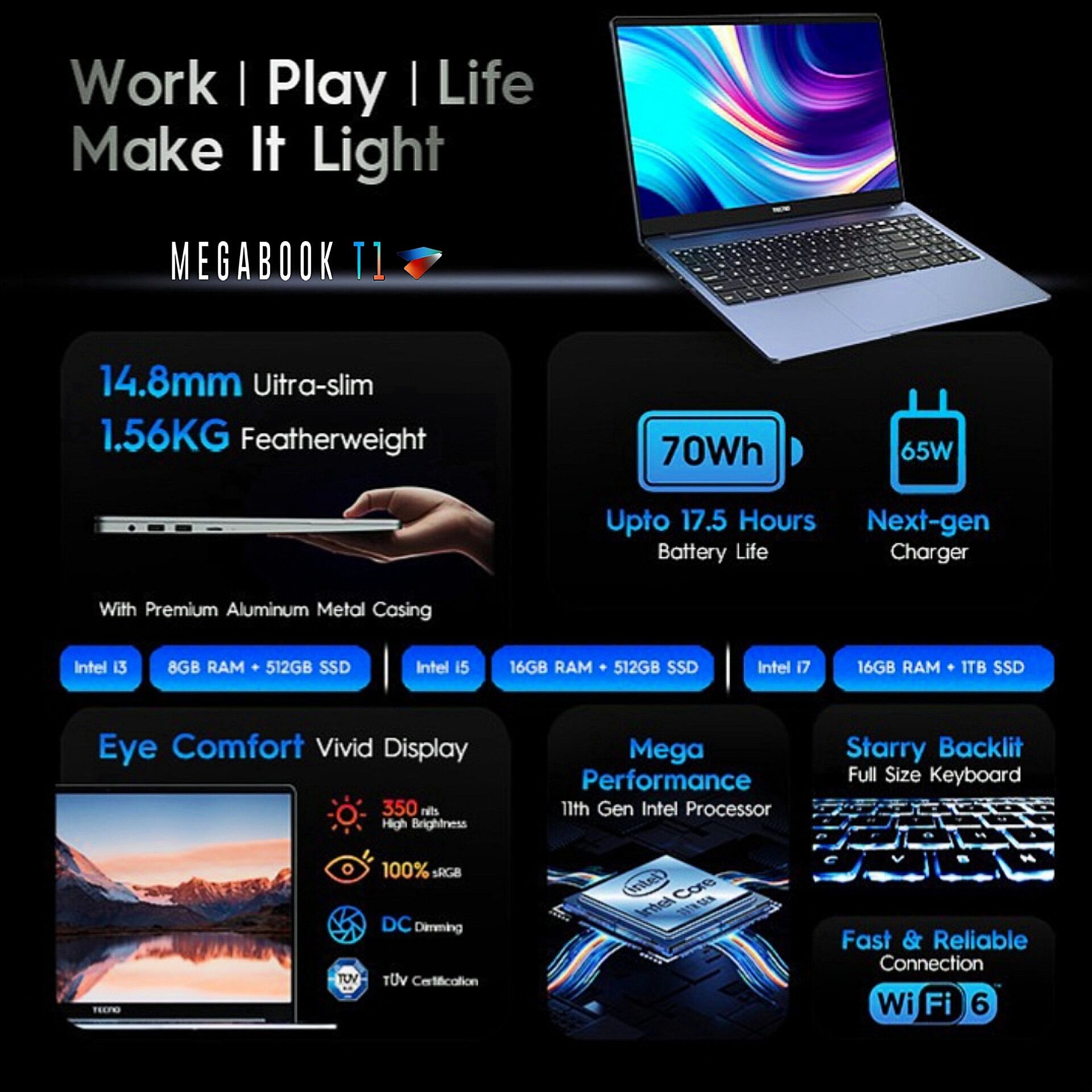 بنر مشخصات کلی لپ تاپ تکنو مگابوک تی۱ 
