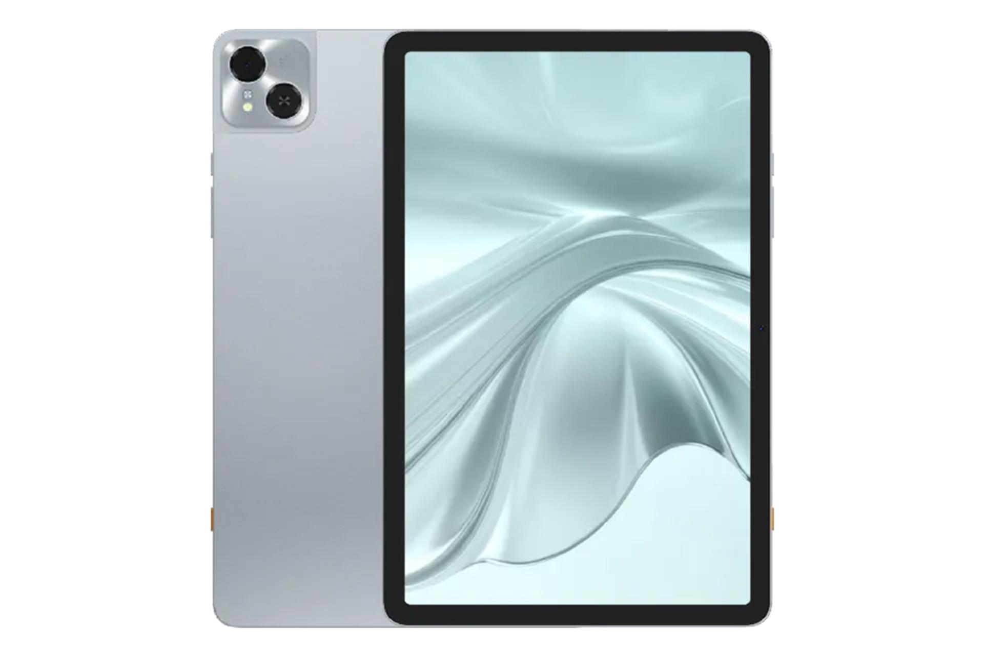 نمای کلی تبلت تکنو مگاپد SE با نمایشگر روشن و نمایش دوربین پنل پشت رنگ خاکستری روشن