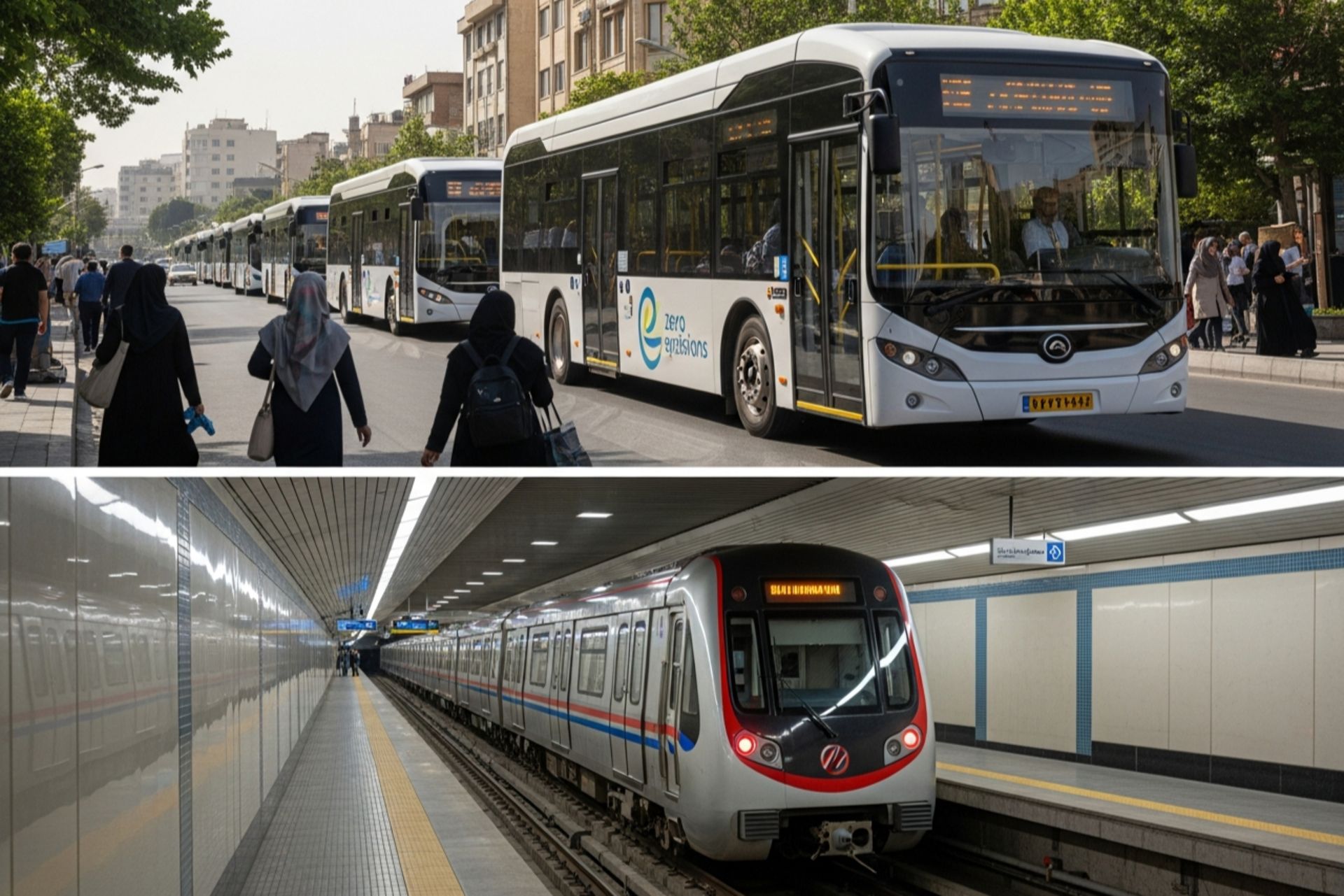 نمایی از مترو و اتوبوس‌های برقی جدید در تهران